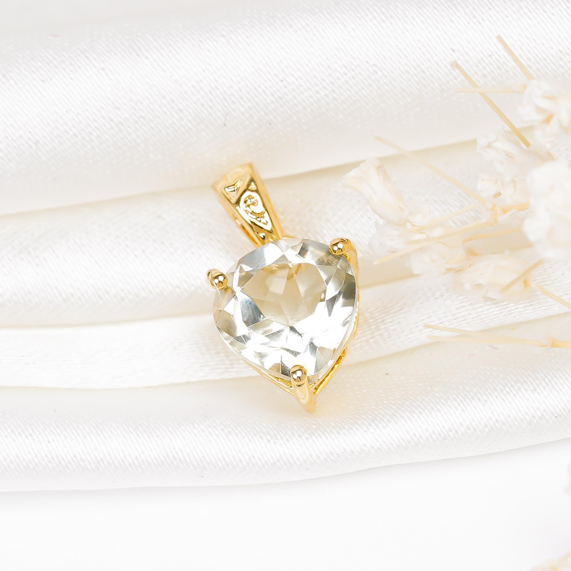 Green Amethyst Heart Pendant: 925 Sterling Silver Gemstone Necklace