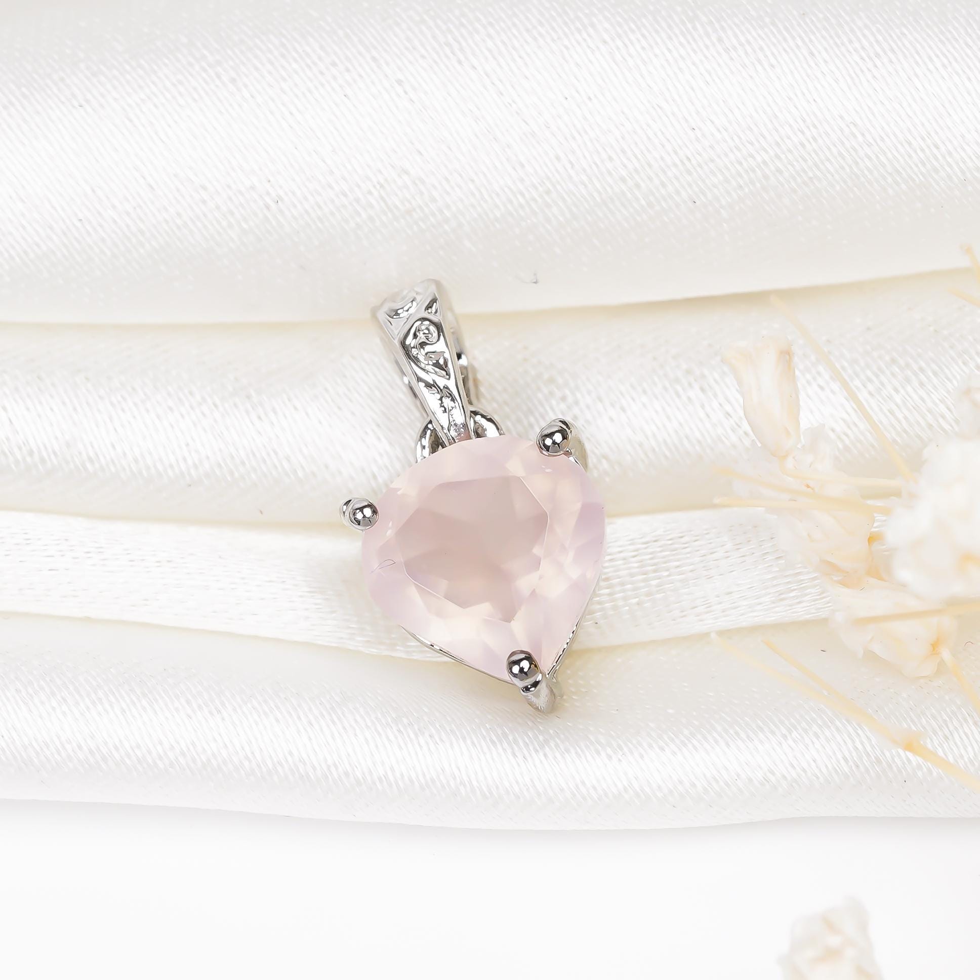 Rose Quartz Silver Pendant – Heart Stone, Love Crystal, Handmade Necklace