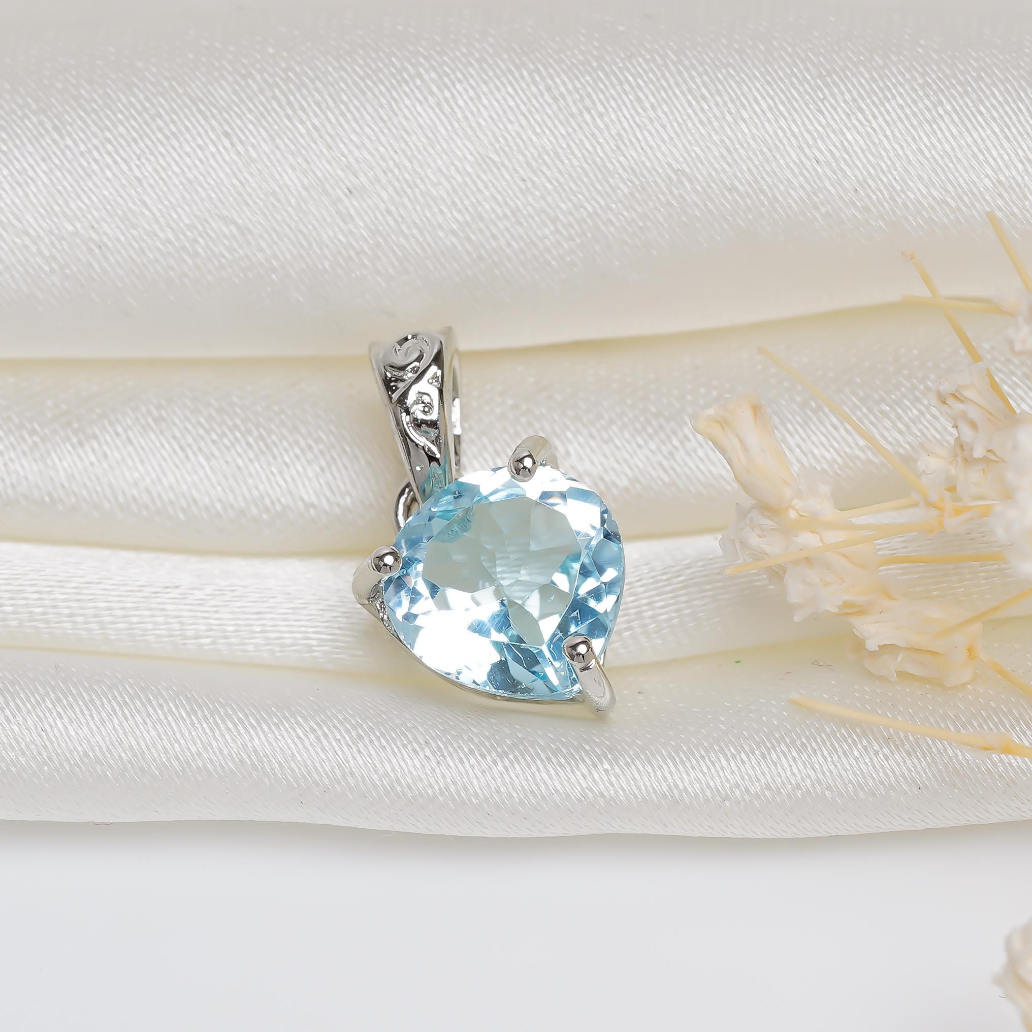 Sky Blue Topaz Heart Pendant: Sterling Silver Gemstone Necklace