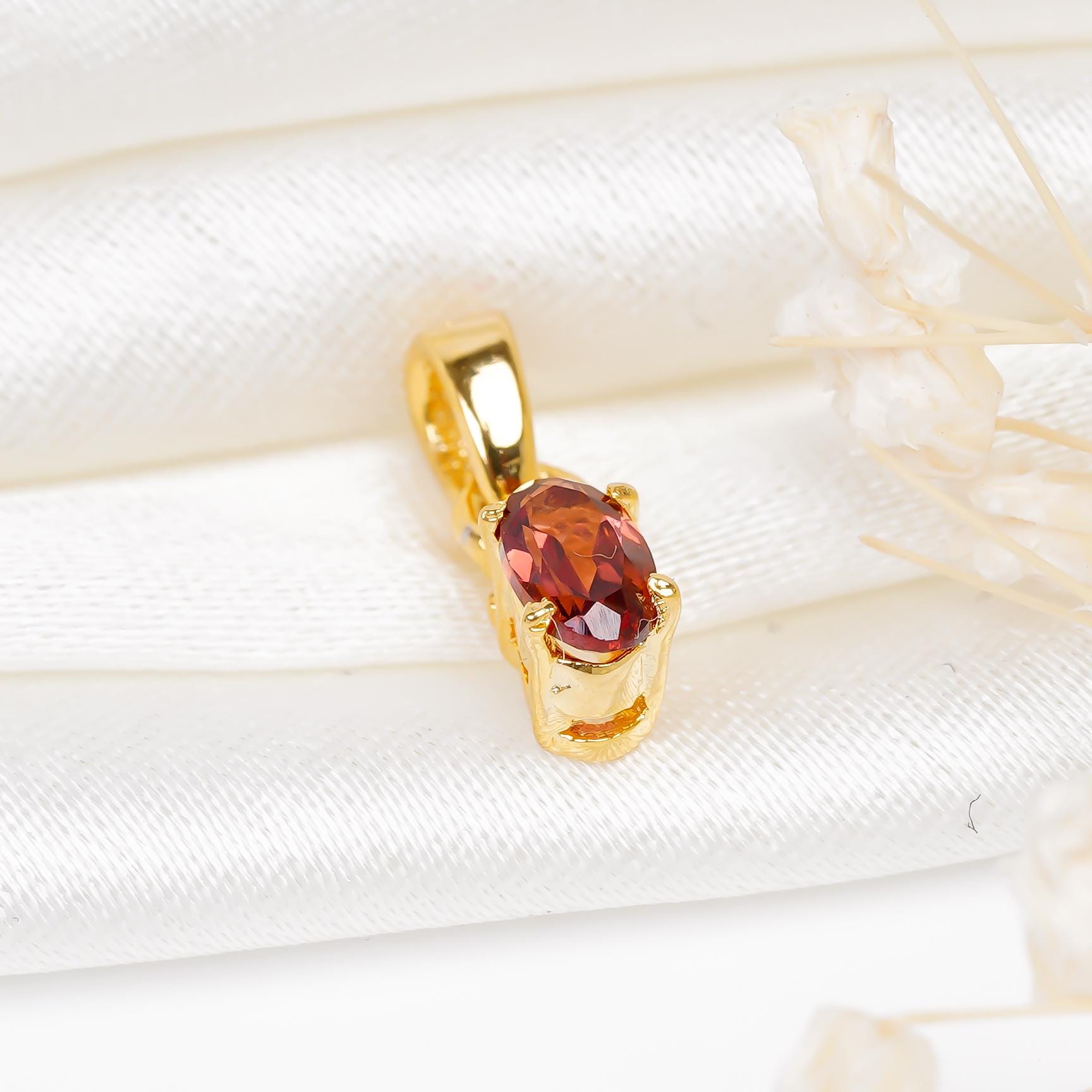 Red Garnet Pendant: Handmade 925 Sterling Silver, Minimalist Oval Stone