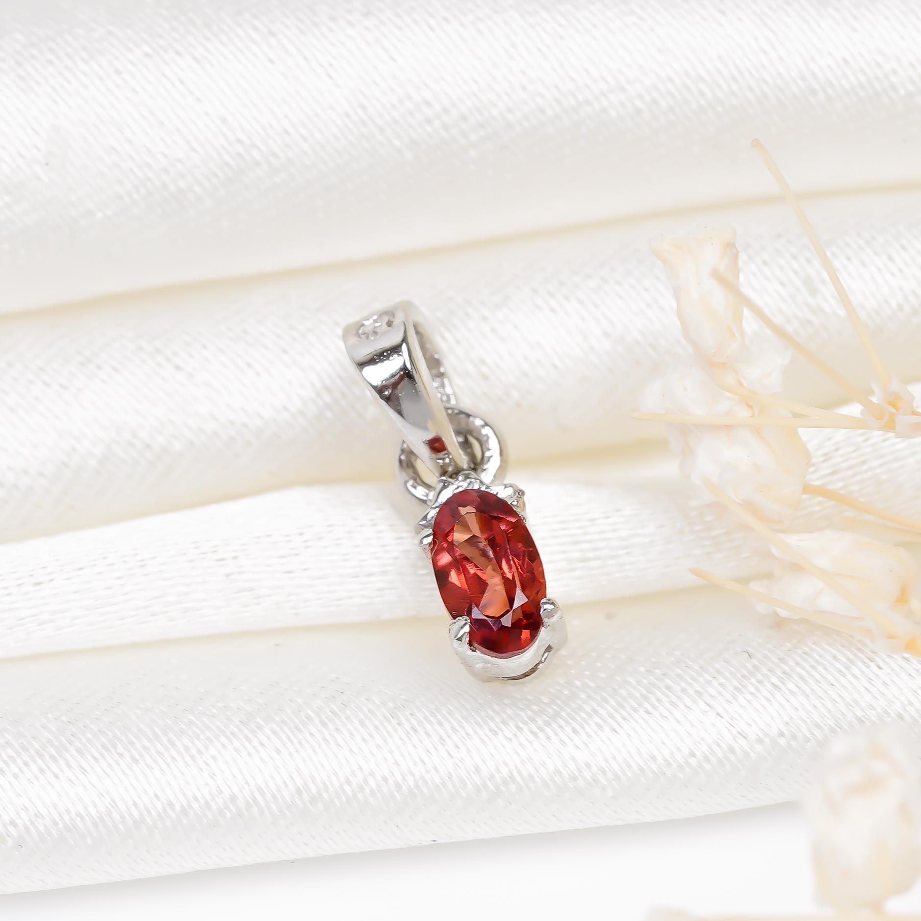 Red Garnet Pendant: Handmade 925 Sterling Silver, Minimalist Oval Stone