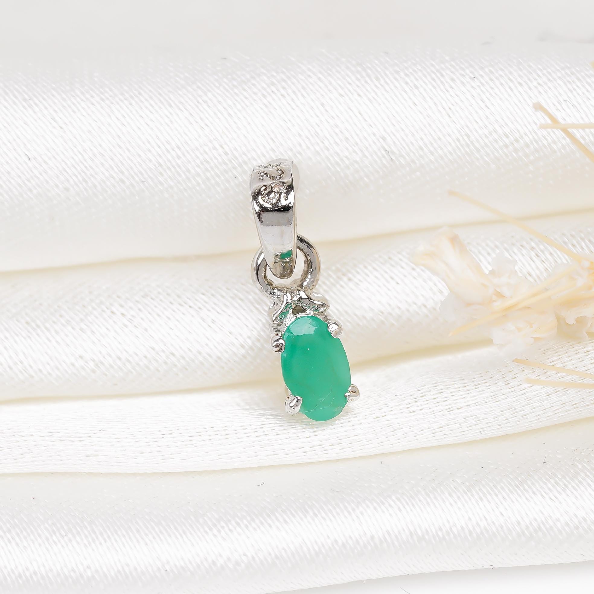 Handmade 925 Sterling Silver Emerald Pendant: Oval Green Gemstone Jewelry