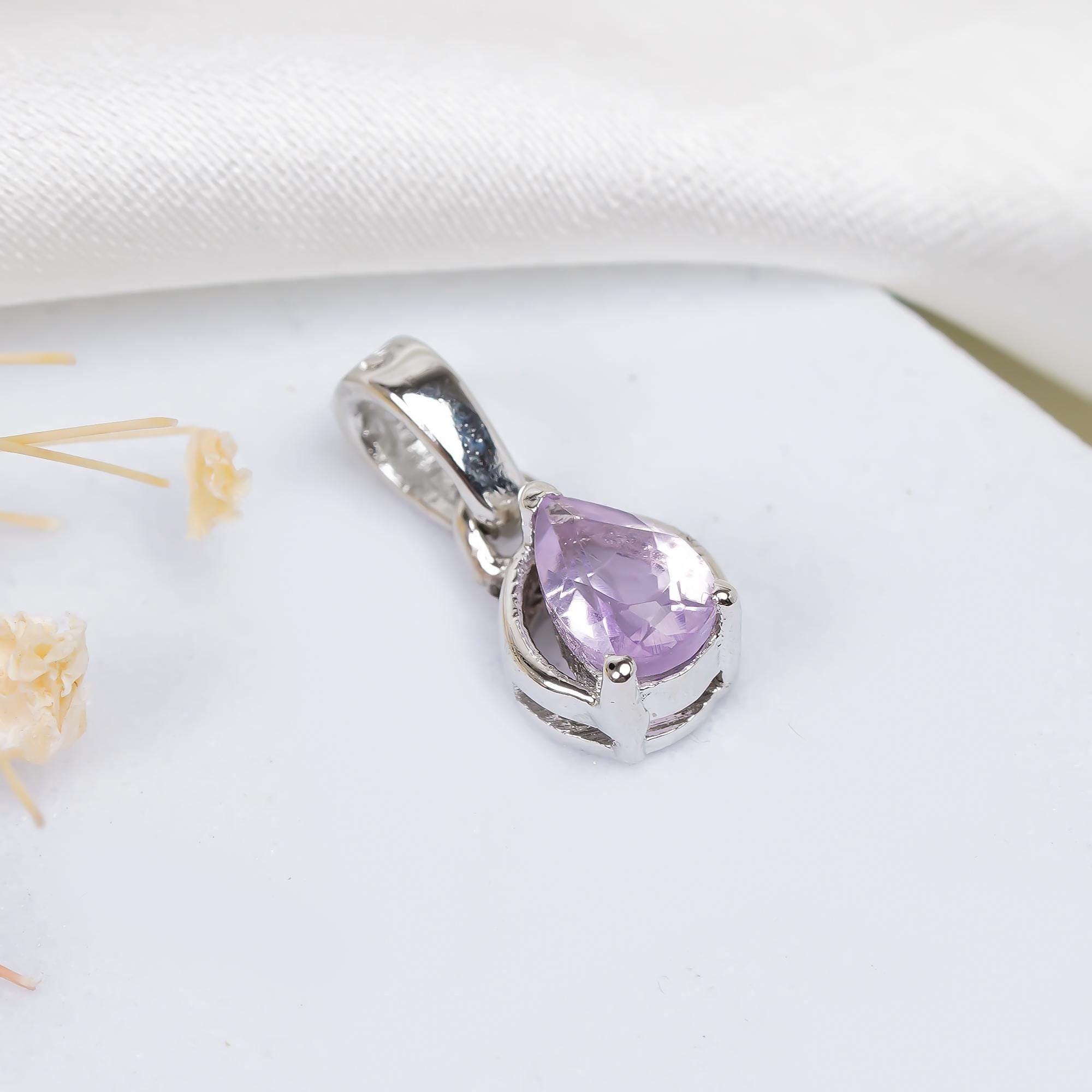 Pink Amethyst Pear Pendant: 925 Sterling Silver February Birthstone