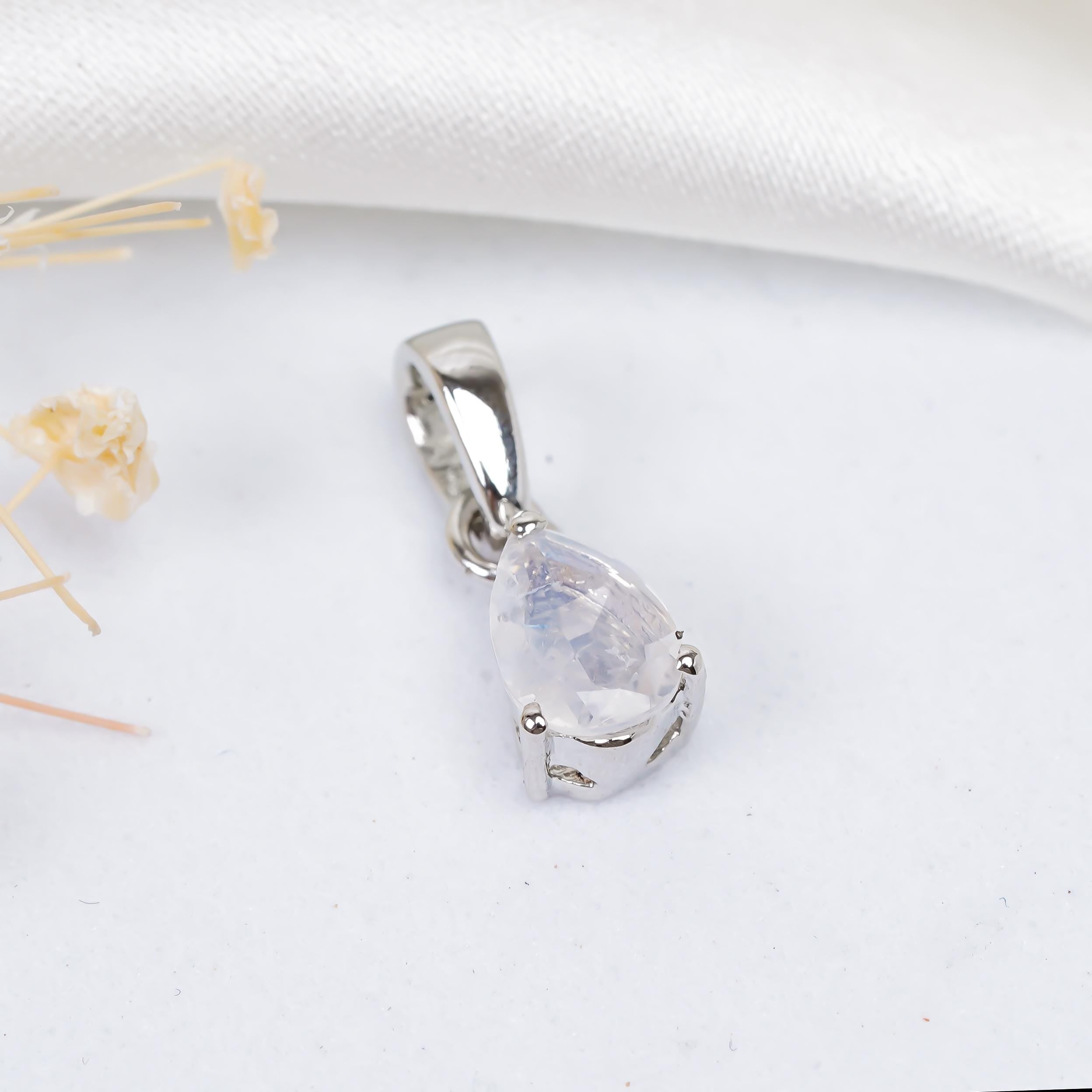 Rainbow Moonstone Pear Pendant: 925 Sterling Silver Handmade Jewelry
