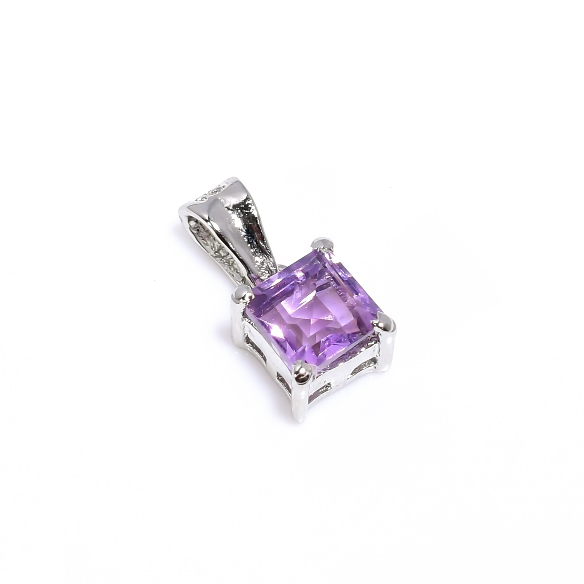 Pink Amethyst Pendant: Square Gemstone, 925 Sterling Silver, Handmade