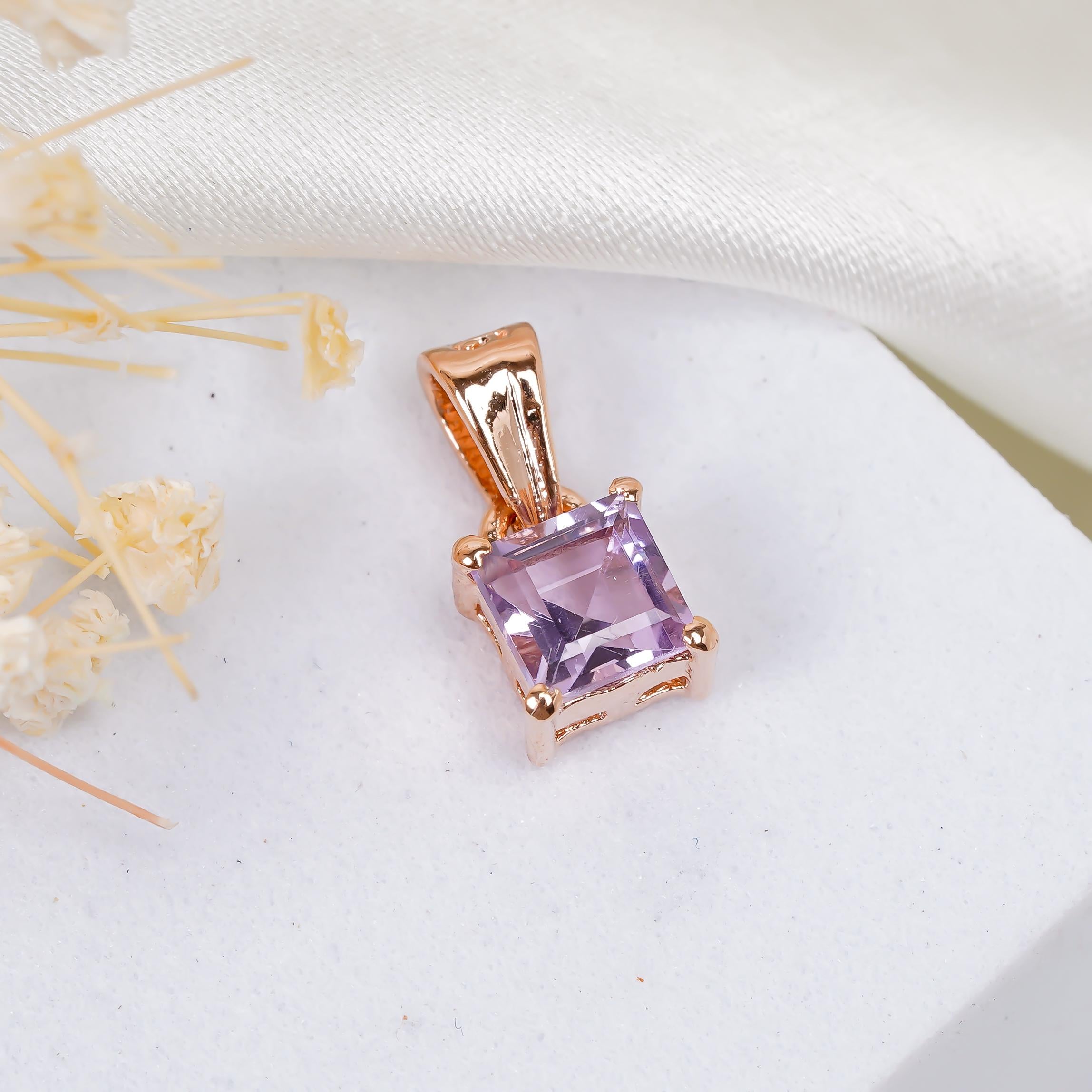 Pink Amethyst Pendant: Square Gemstone, 925 Sterling Silver, Handmade