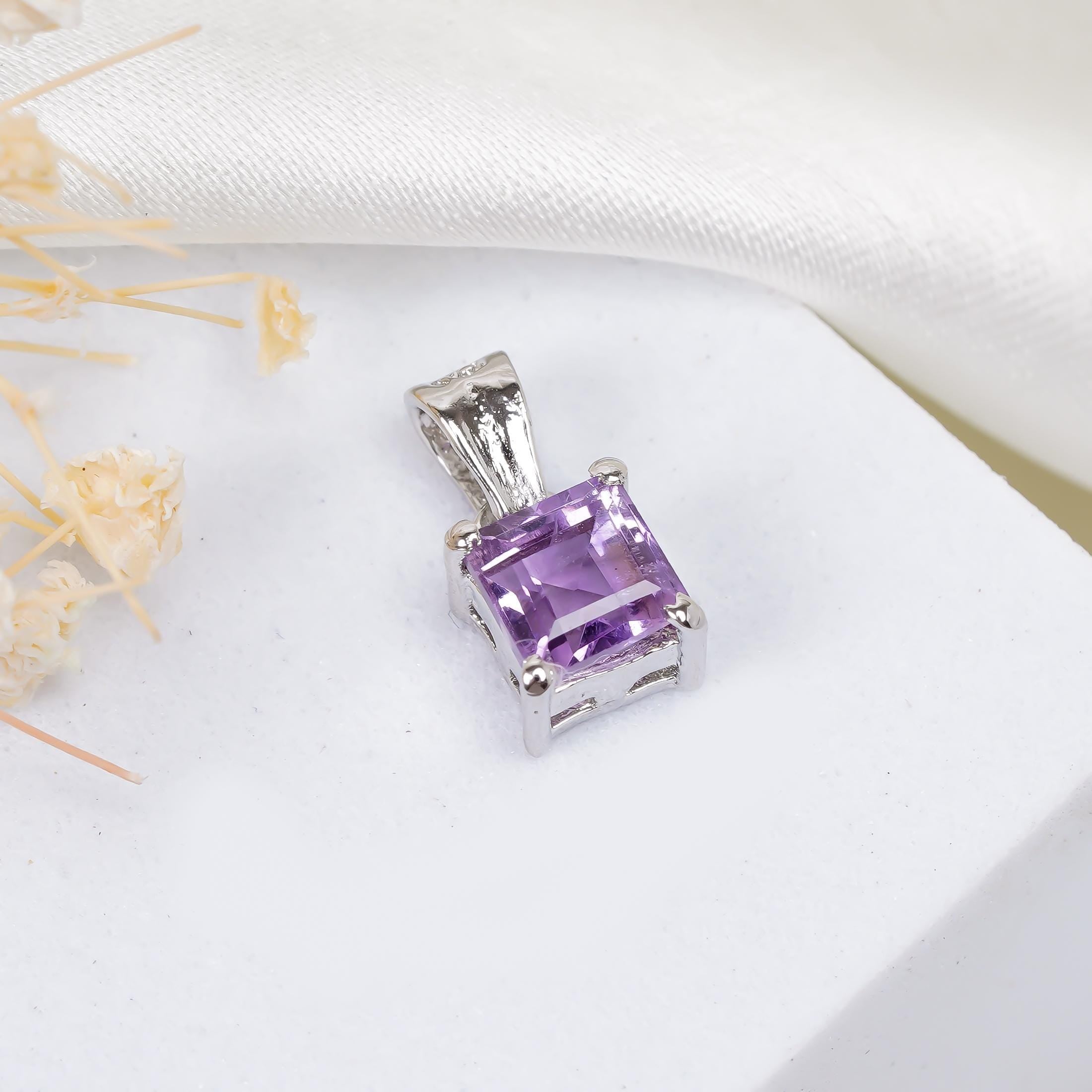 Pink Amethyst Pendant: Square Gemstone, 925 Sterling Silver, Handmade