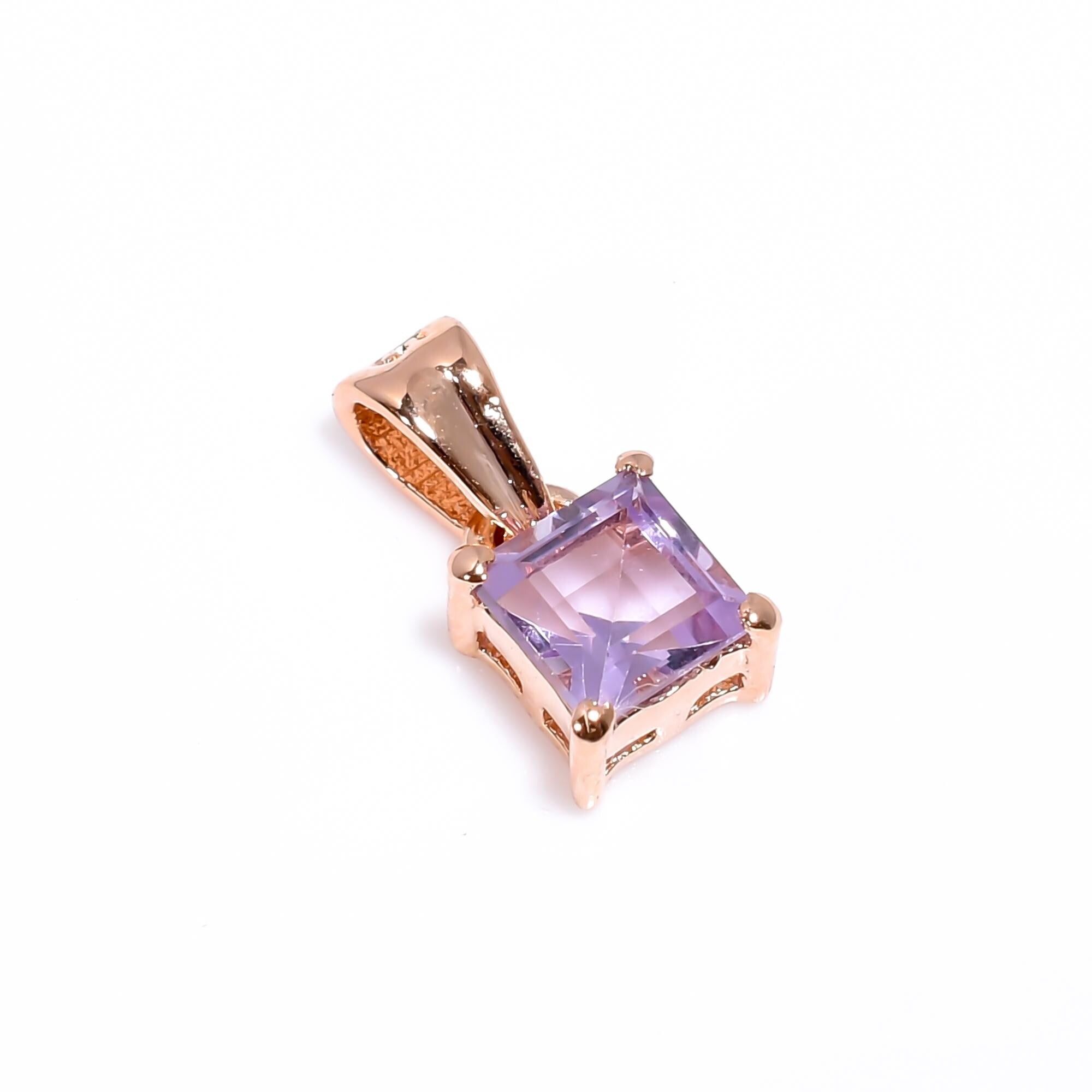 Pink Amethyst Pendant: Square Gemstone, 925 Sterling Silver, Handmade