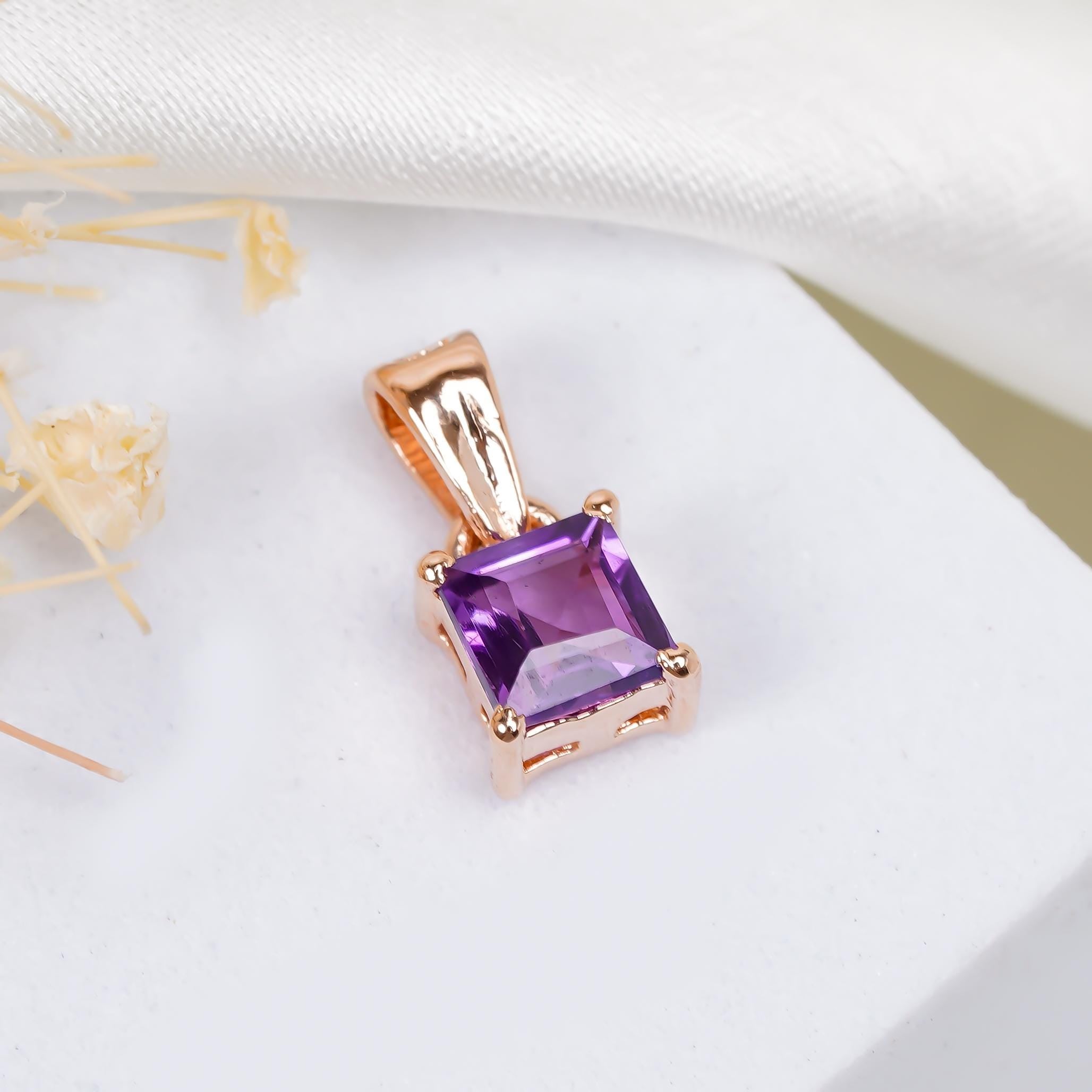 Amethyst Pendant: Square Gemstone, 925 Sterling Silver, February Birthstone