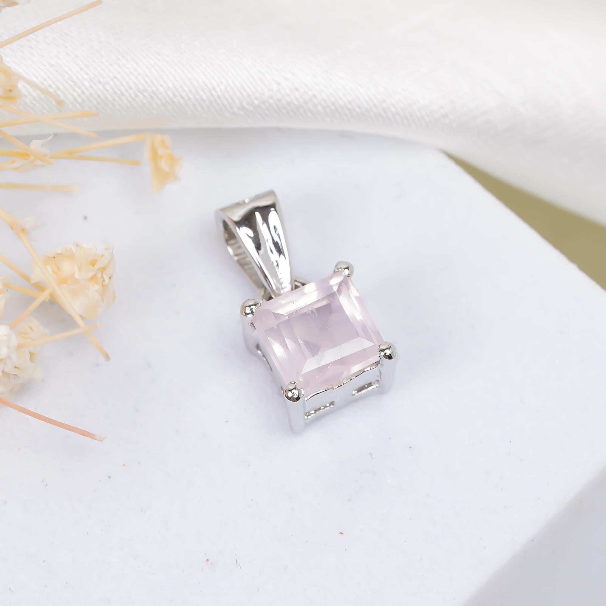 Rose Quartz Gemstone Square Pendant: 925 Sterling Silver, Handmade Jewelry