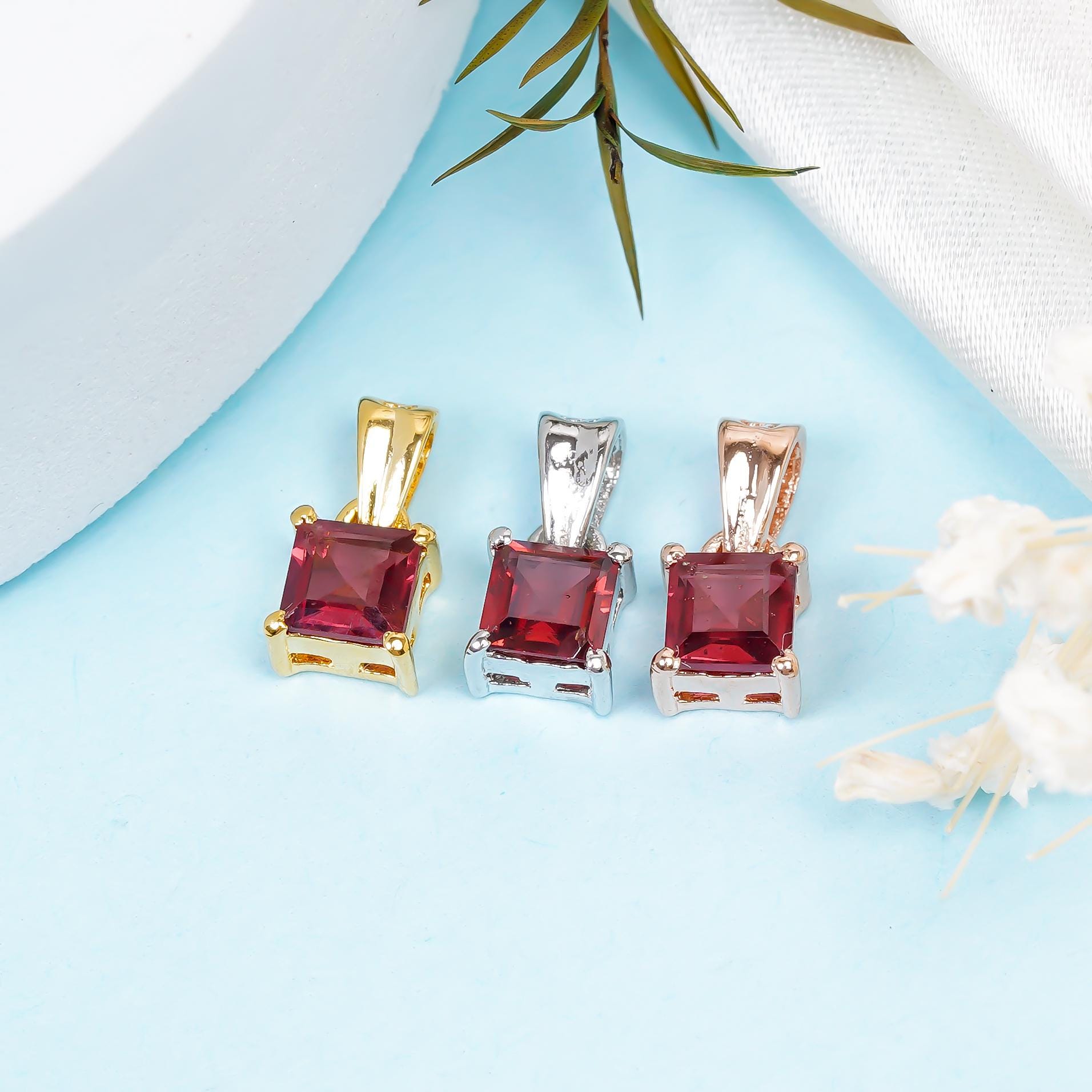 Handmade Square Garnet Pendant: 925 Sterling Silver Jewelry