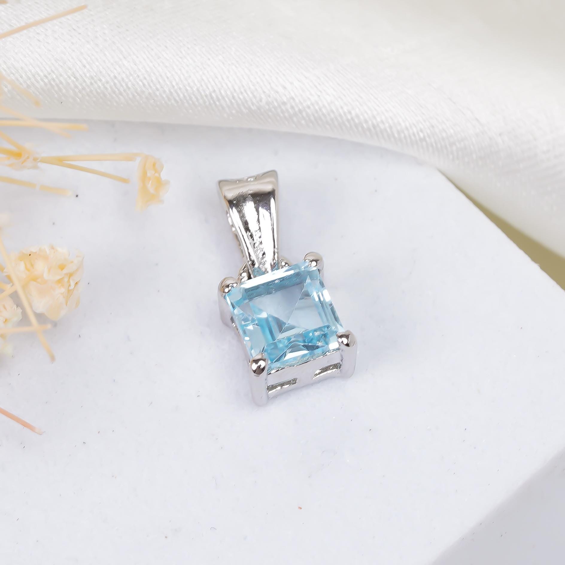 Sky Blue Topaz Pendant: 925 Sterling Silver, Square Gemstone (5mm)