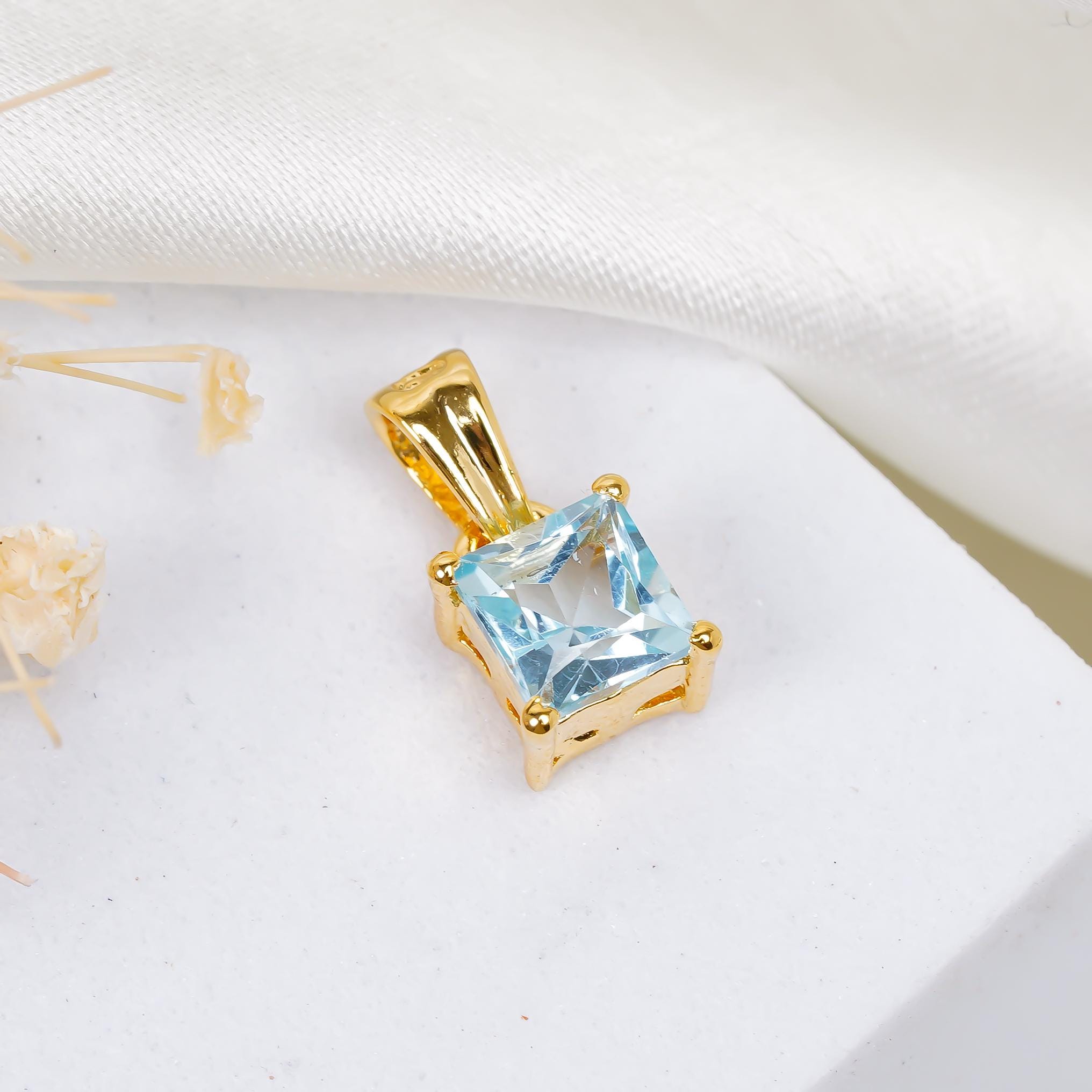 Sky Blue Topaz Pendant: 925 Sterling Silver, Square Gemstone (5mm)