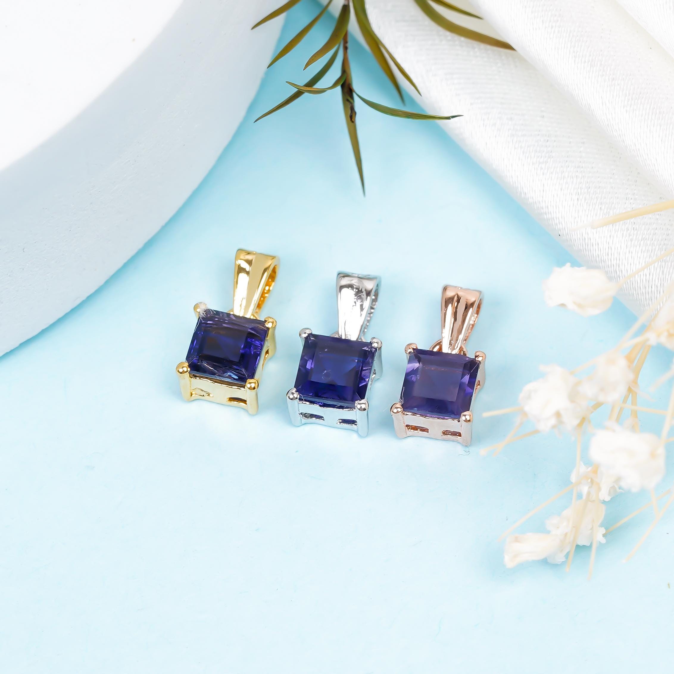 Iolite Pendant: Square Gemstone, 925 Sterling Silver Handmade Jewelry