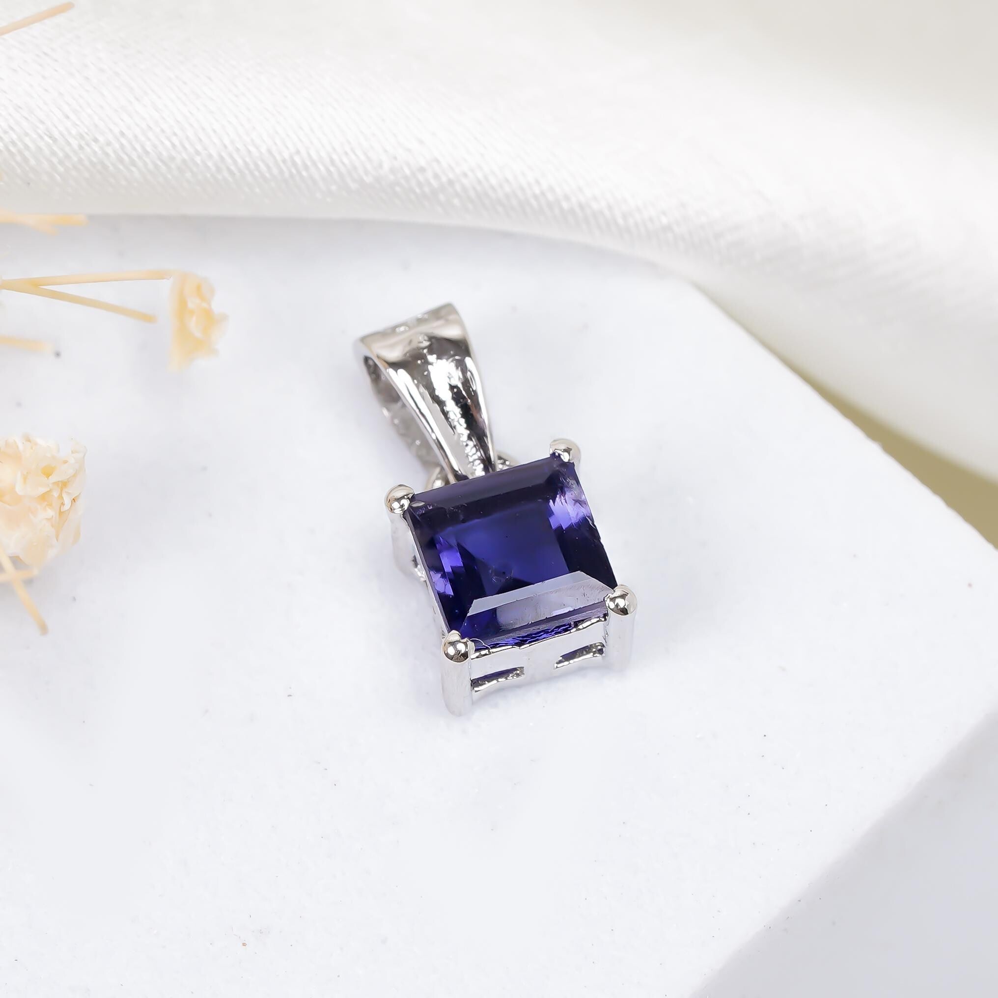 Iolite Pendant: Square Gemstone, 925 Sterling Silver Handmade Jewelry