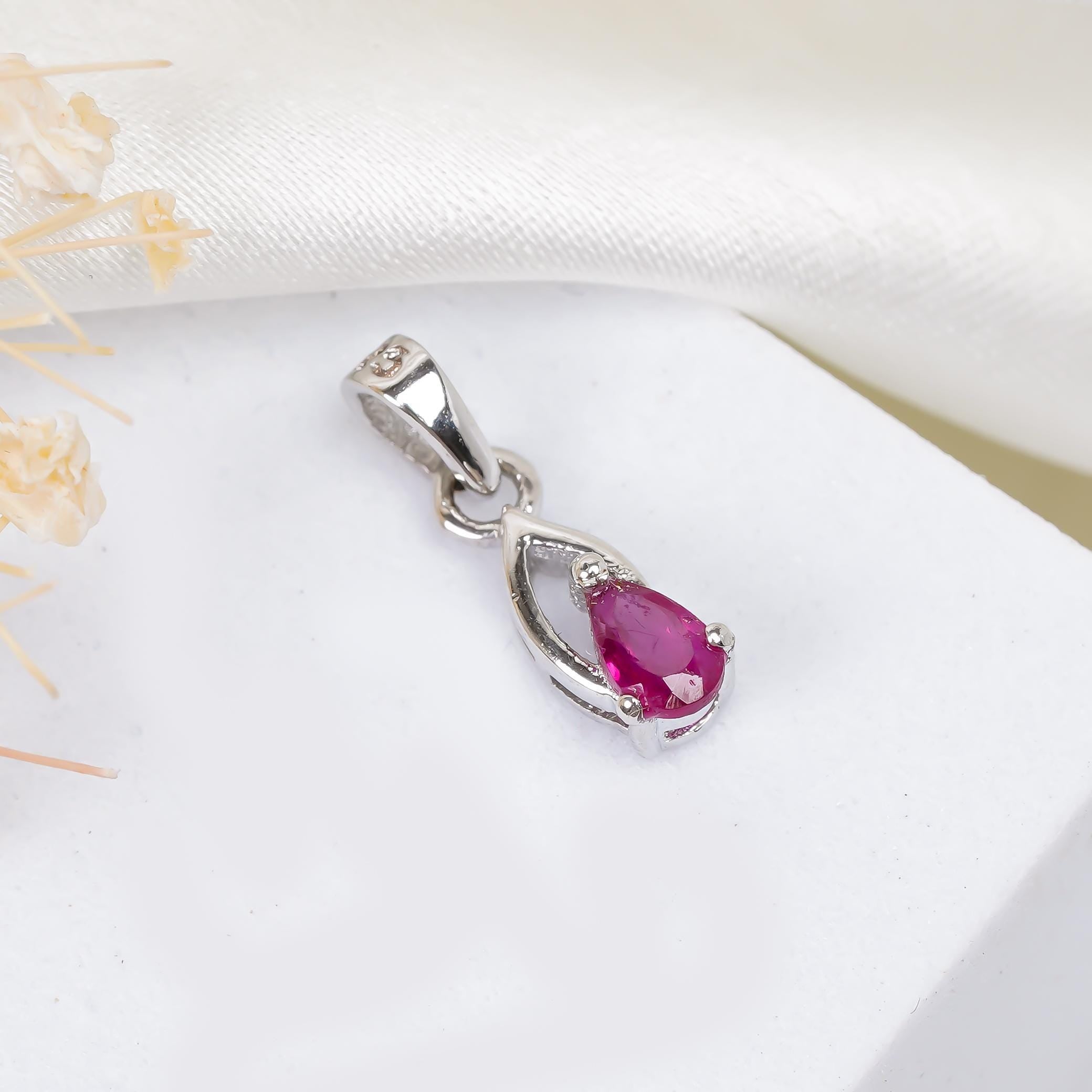 Tiny Ruby Pear Pendant: 925 Sterling Silver July Birthstone