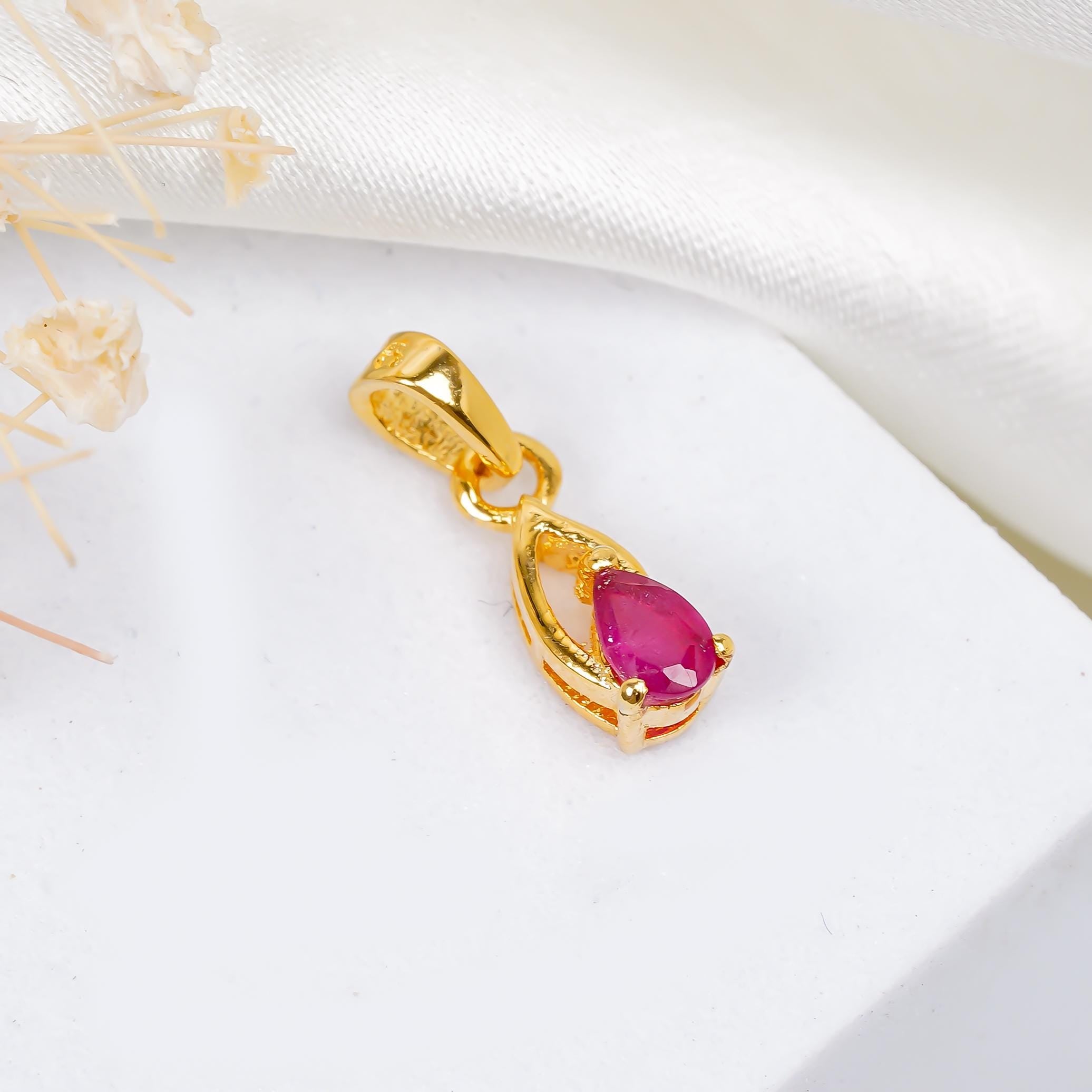 Tiny Ruby Pear Pendant: 925 Sterling Silver July Birthstone
