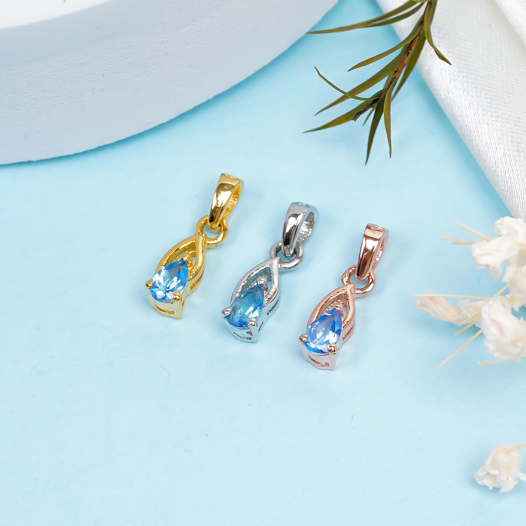 Pear Swiss Blue Topaz Pendant: 925 Sterling Silver, Handmade