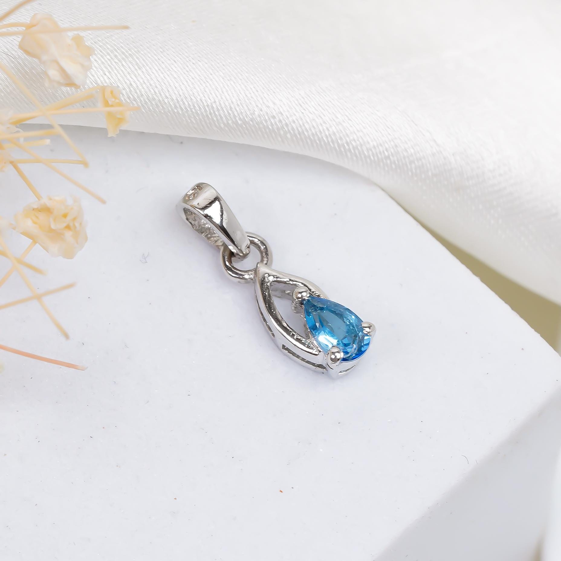 Pear Swiss Blue Topaz Pendant: 925 Sterling Silver, Handmade
