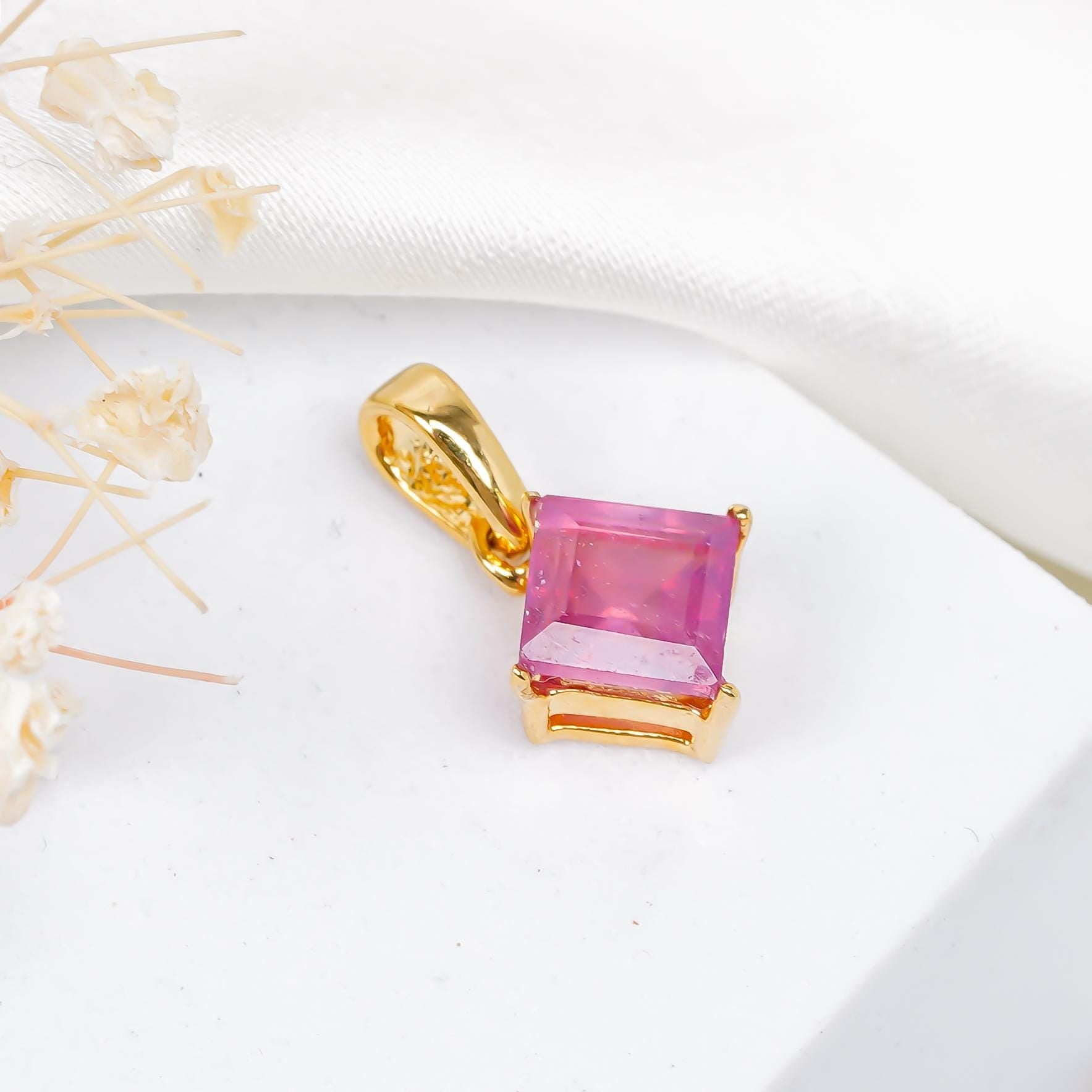 Natural Ruby Pendant: Vintage 925 Sterling Silver, 6mm Square