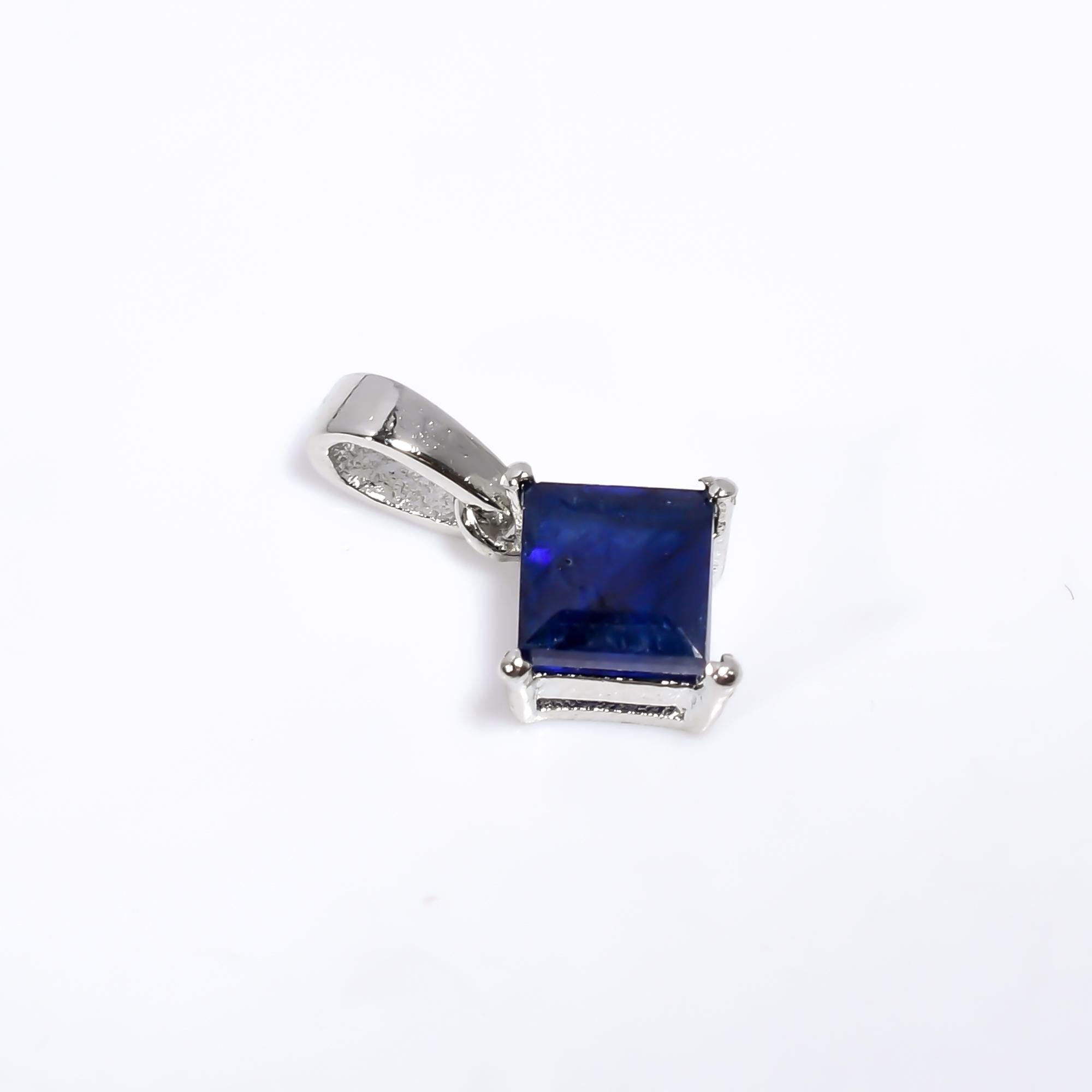 Blue Sapphire Pendant: Square Gemstone, 925 Sterling Silver, Handmade Jewelry