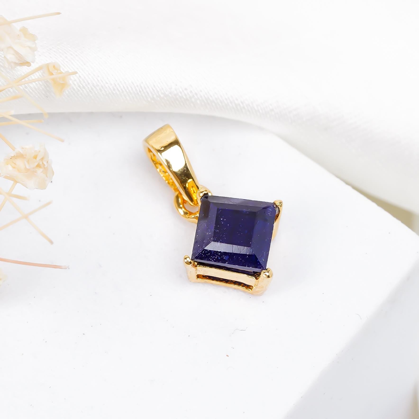 Blue Sapphire Pendant: Square Gemstone, 925 Sterling Silver, Handmade Jewelry