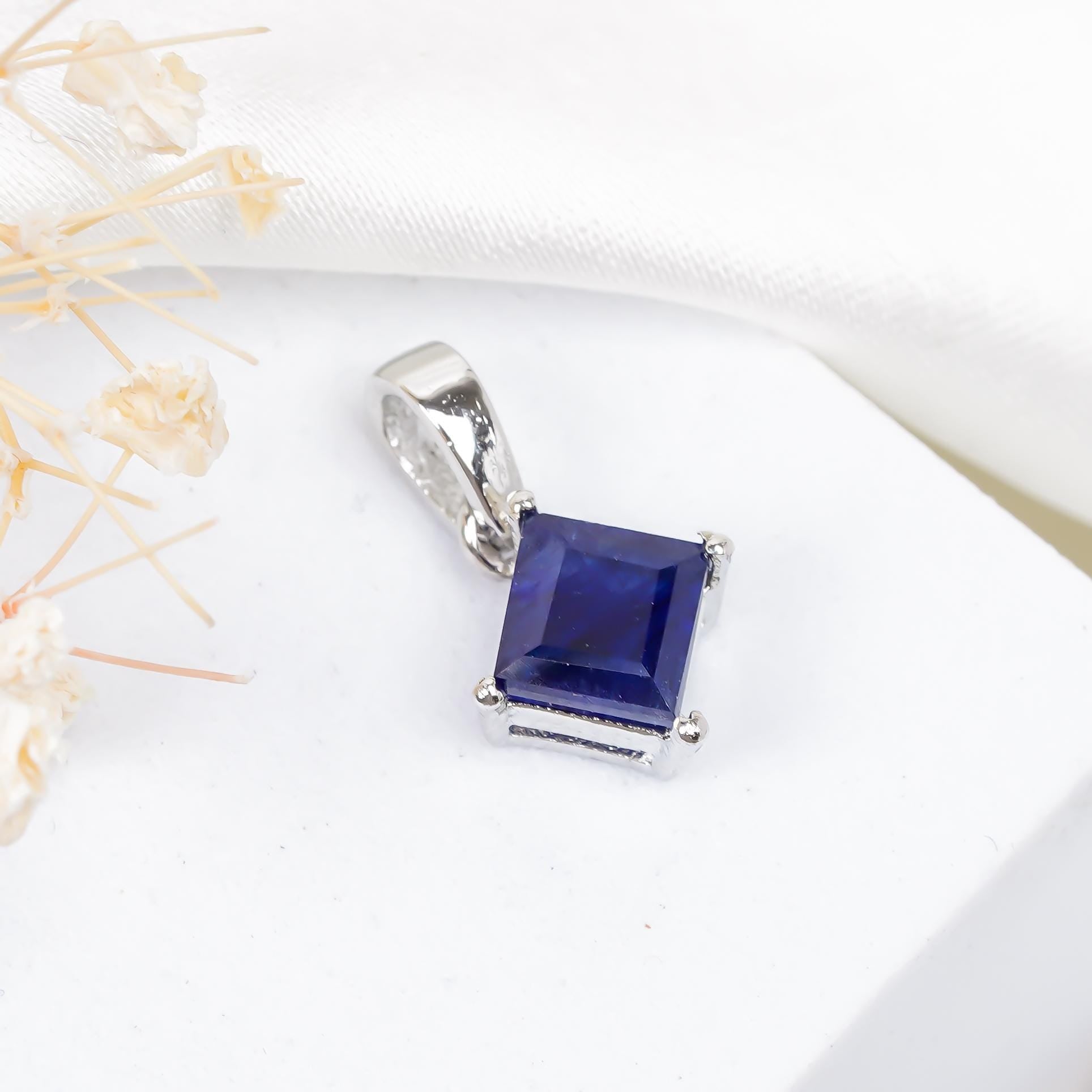 Blue Sapphire Pendant: Square Gemstone, 925 Sterling Silver, Handmade Jewelry