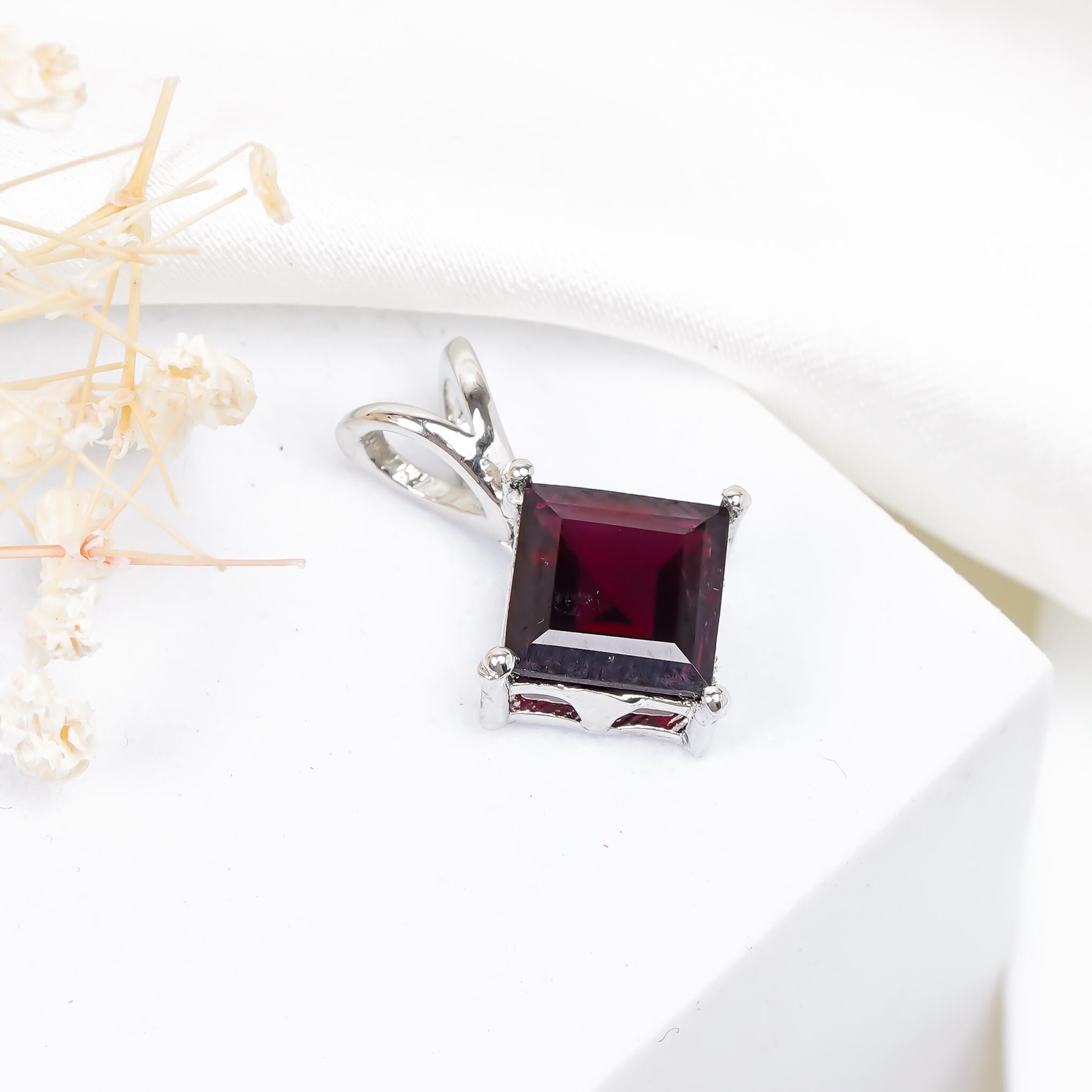 Rhodolite Garnet Pendant: 925 Sterling Silver, 8mm Square Bohemian Jewelry