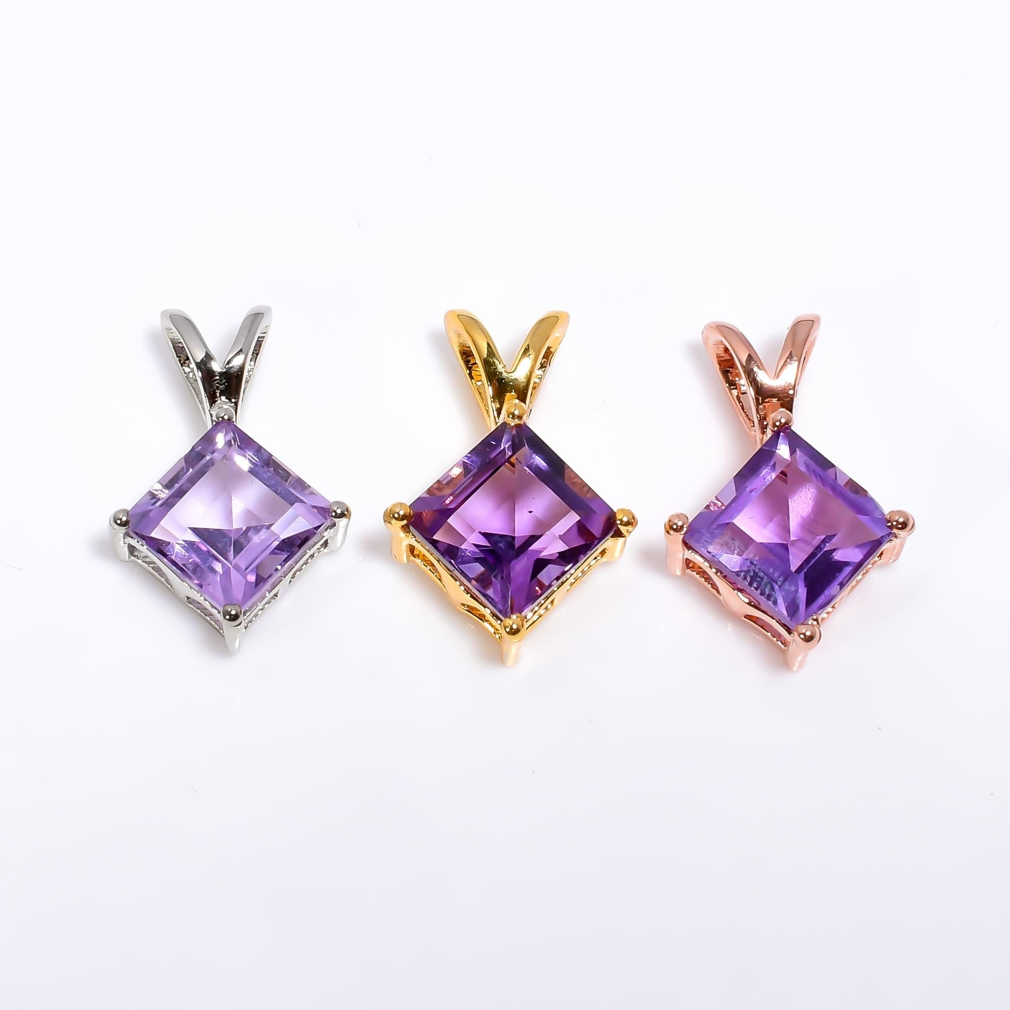 Square Amethyst Pendant: 925 Silver Birthstone Jewelry, 8mm Cut Stone