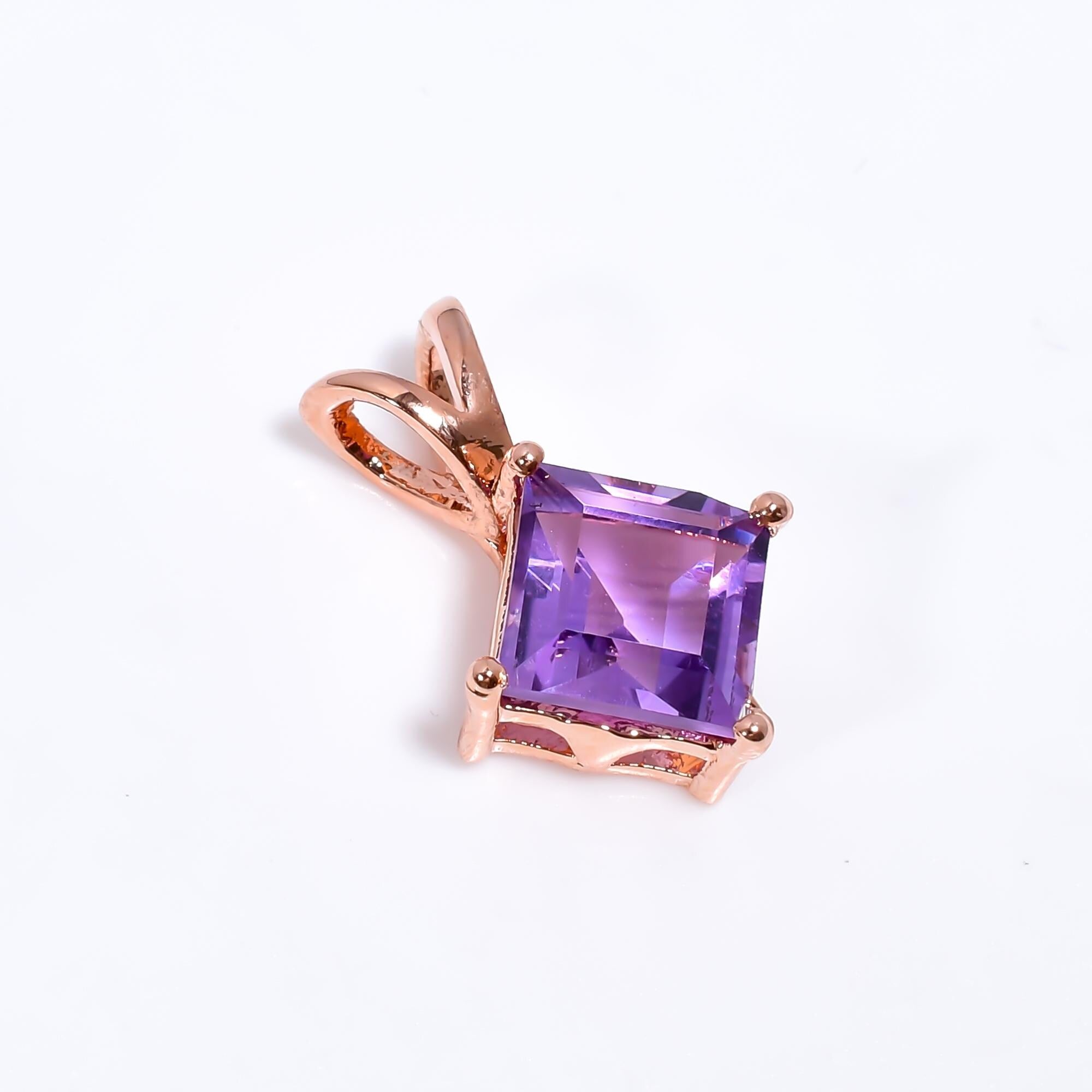 Square Amethyst Pendant: 925 Silver Birthstone Jewelry, 8mm Cut Stone