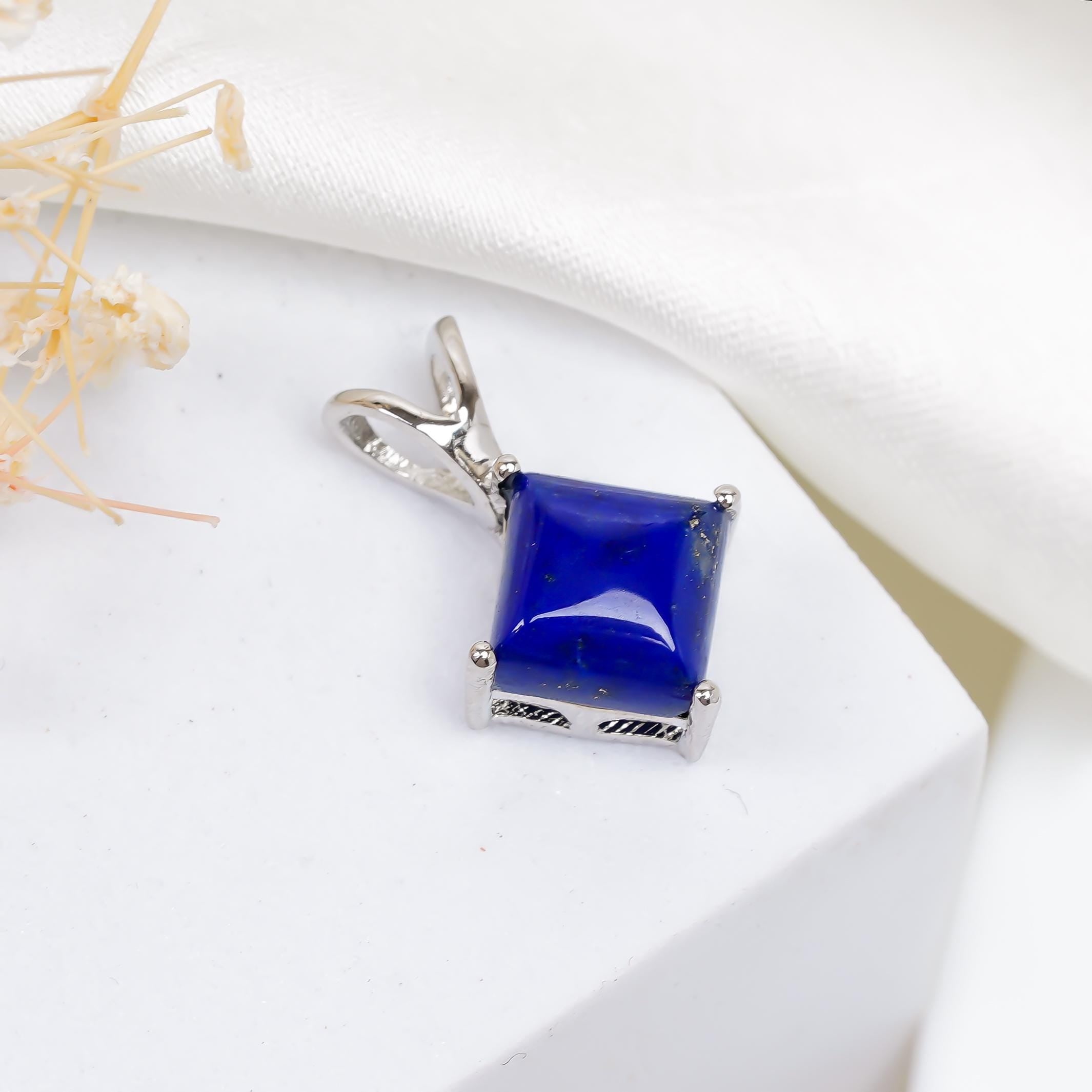 Lapis Lazuli Pendant: 925 Sterling Silver, 8mm Square Stone