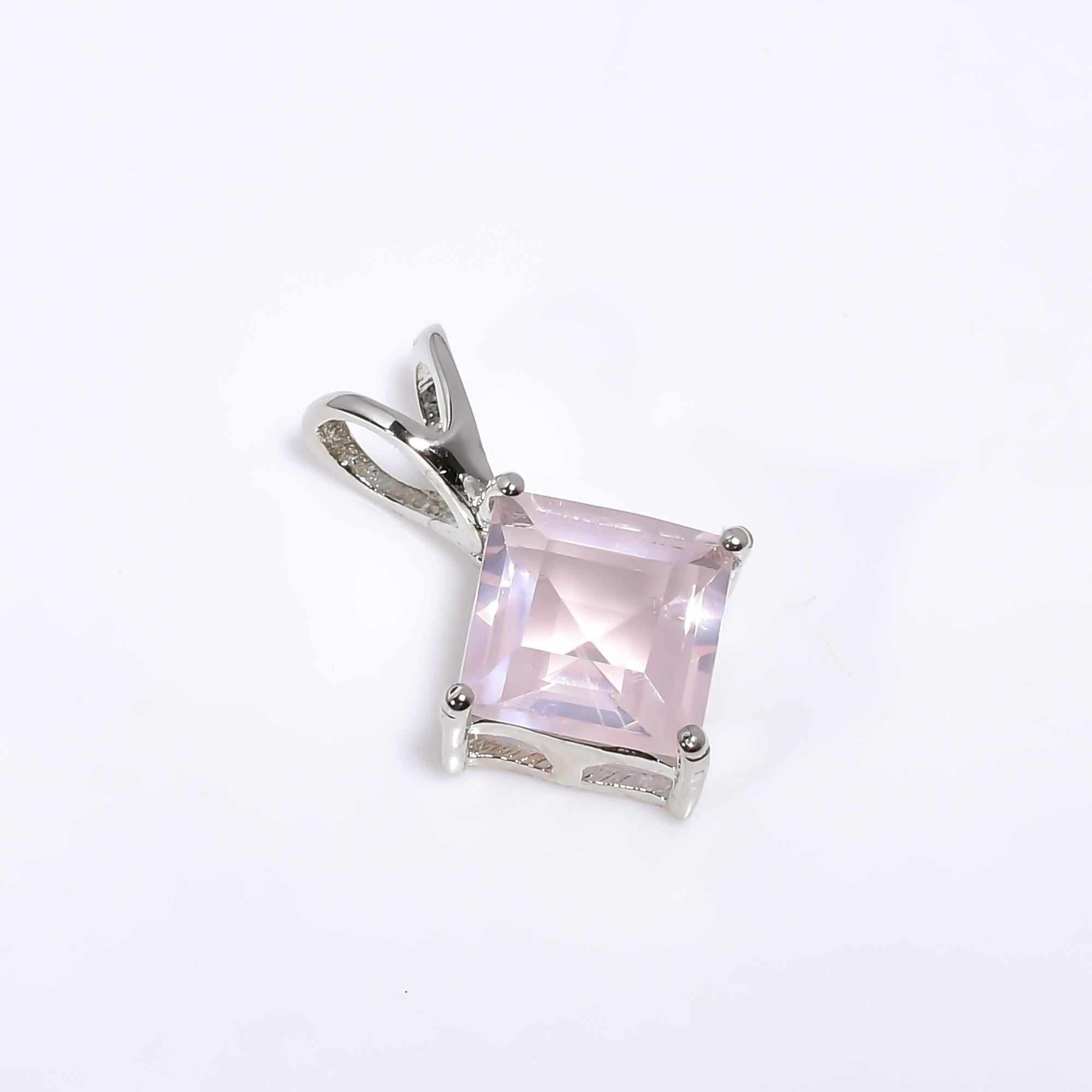 Handmade 8mm Square Rose Quartz 925 Sterling Silver Pendant