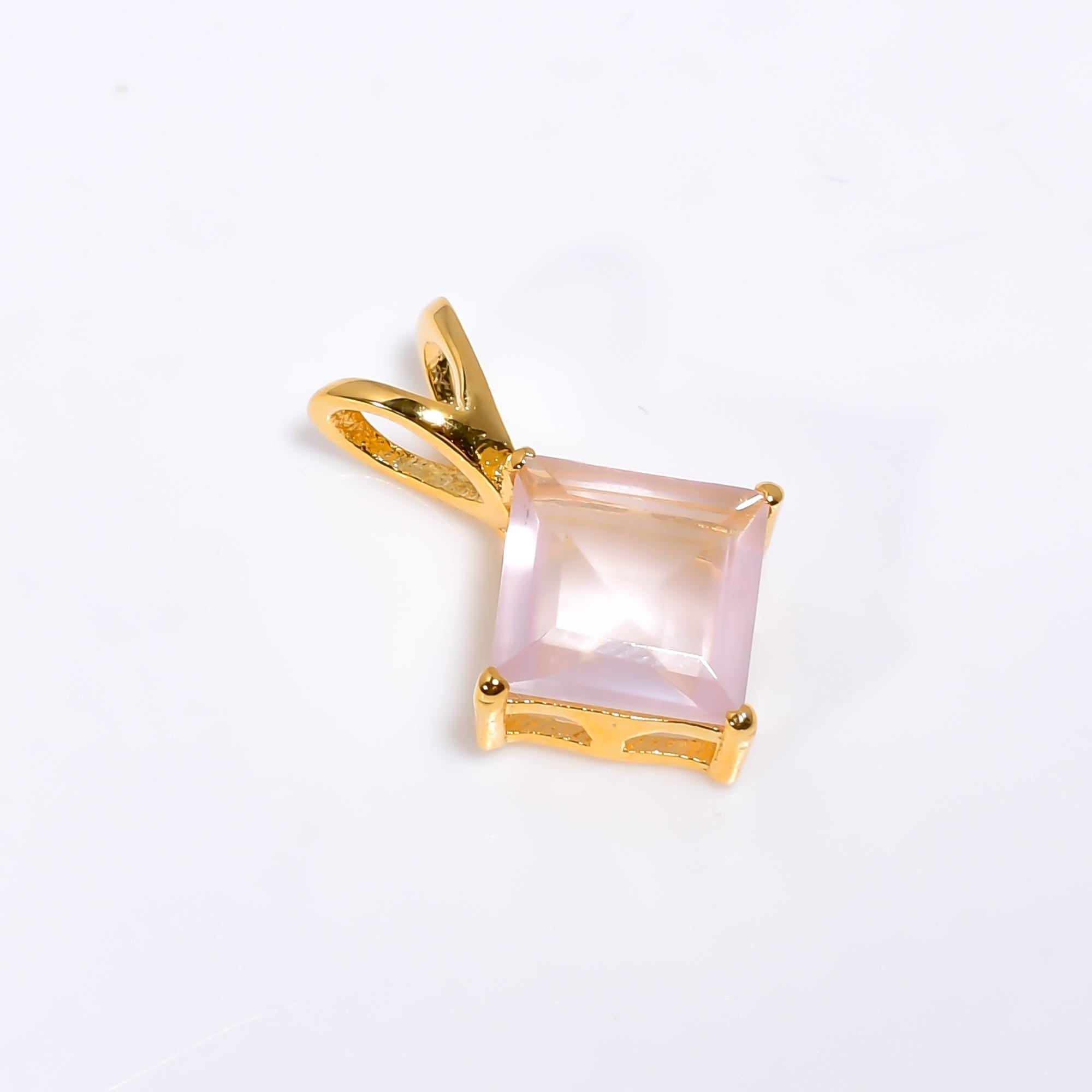 Handmade 8mm Square Rose Quartz 925 Sterling Silver Pendant