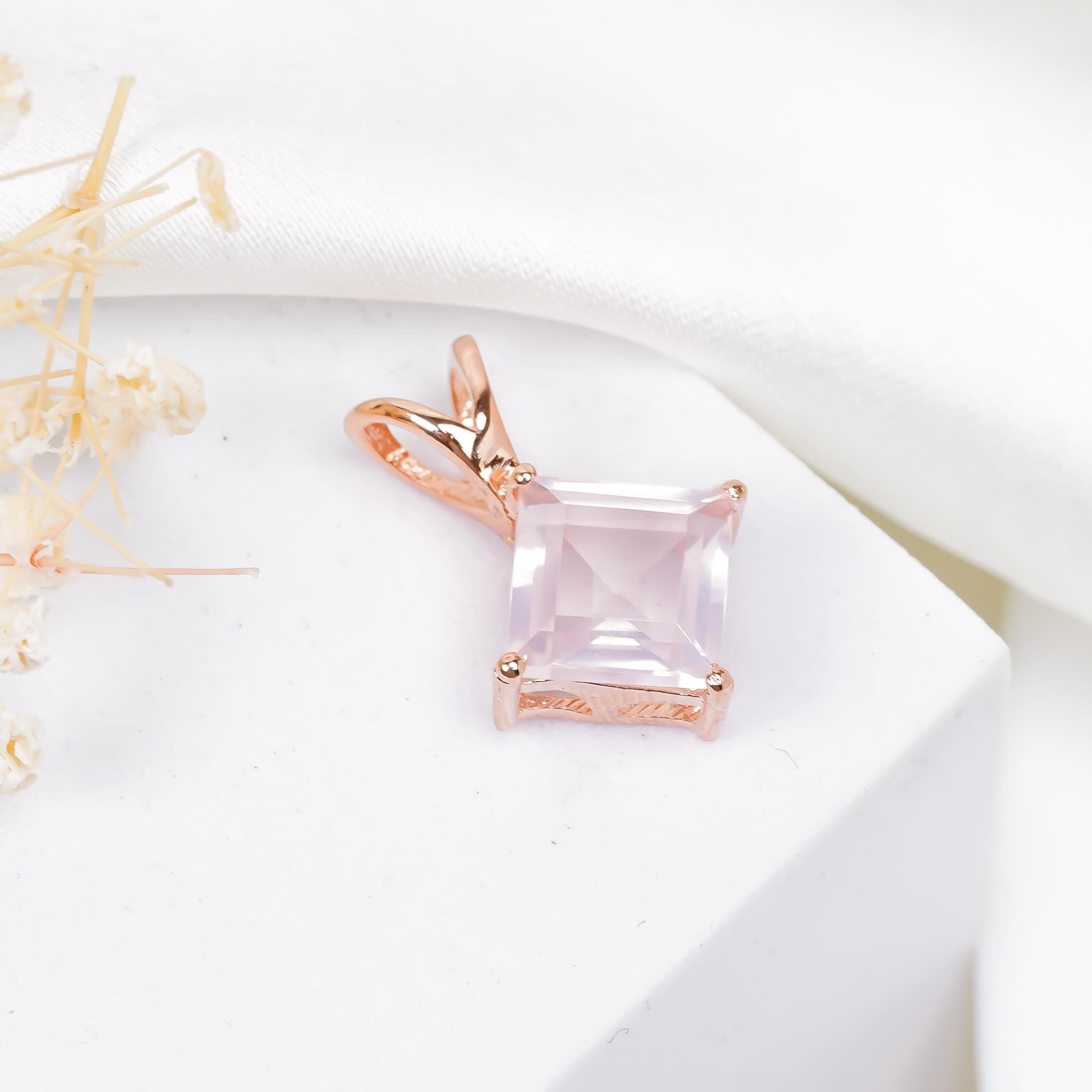 Handmade 8mm Square Rose Quartz 925 Sterling Silver Pendant