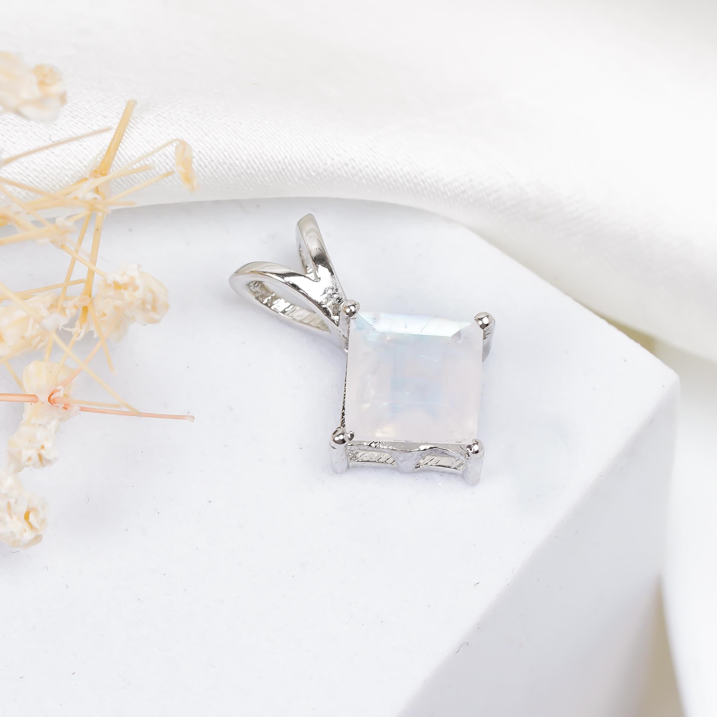 Handmade Square Moonstone Pendant: 925 Sterling Silver Boho Jewelry