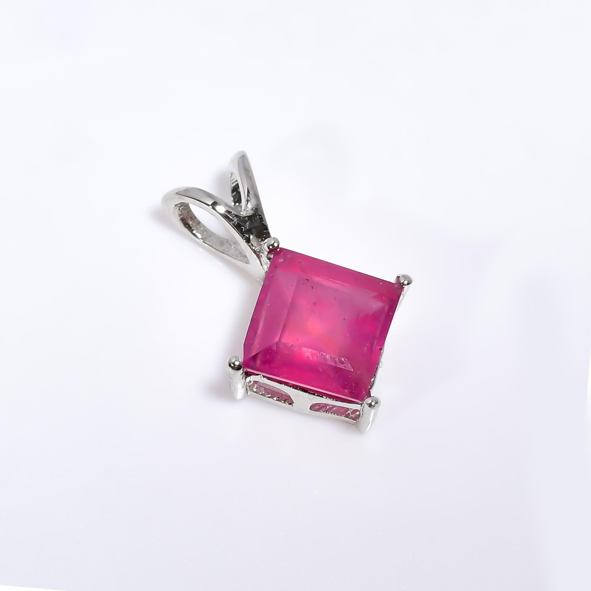 Faceted Ruby 925 Sterling Silver Pendant: Handmade Square Gemstone