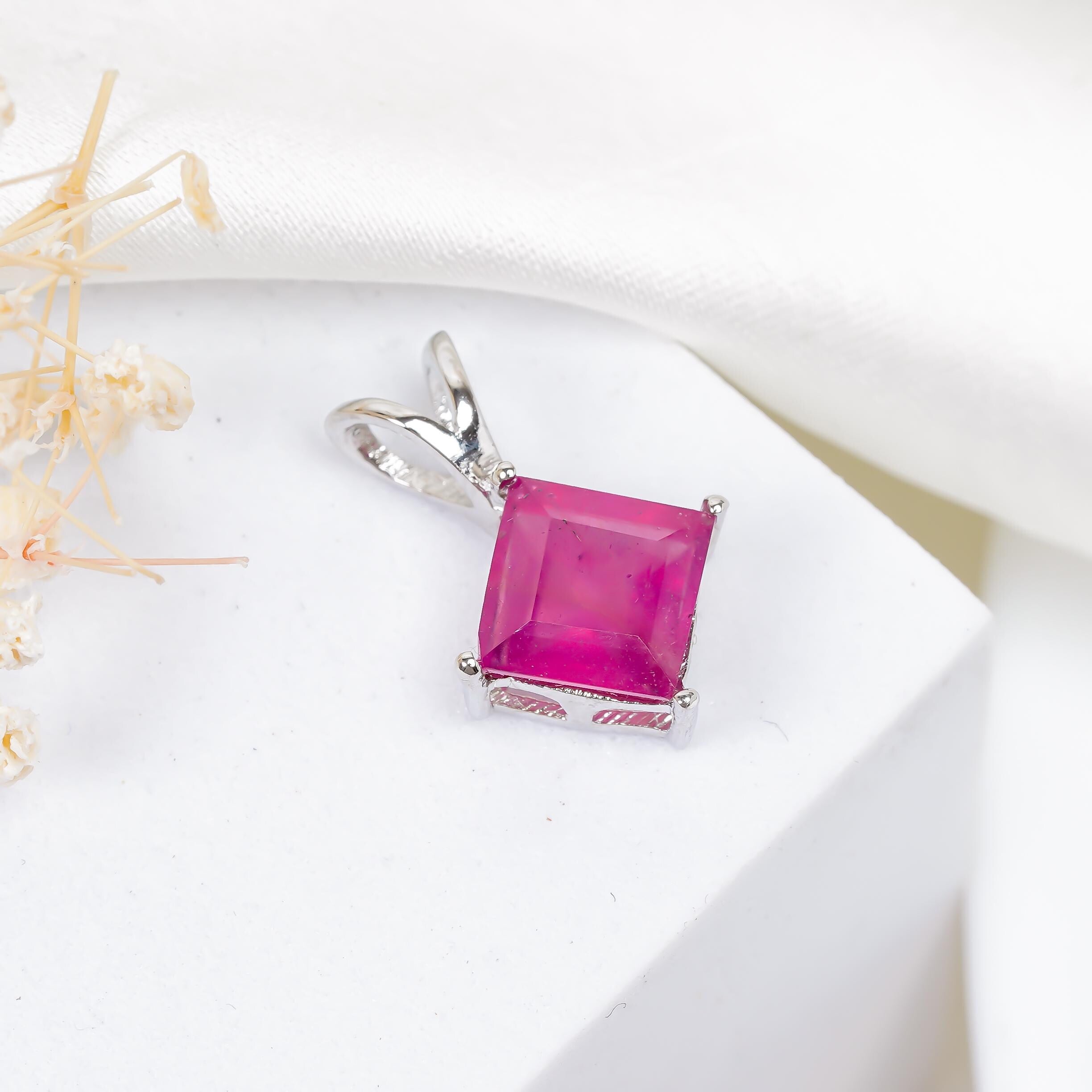 Faceted Ruby 925 Sterling Silver Pendant: Handmade Square Gemstone