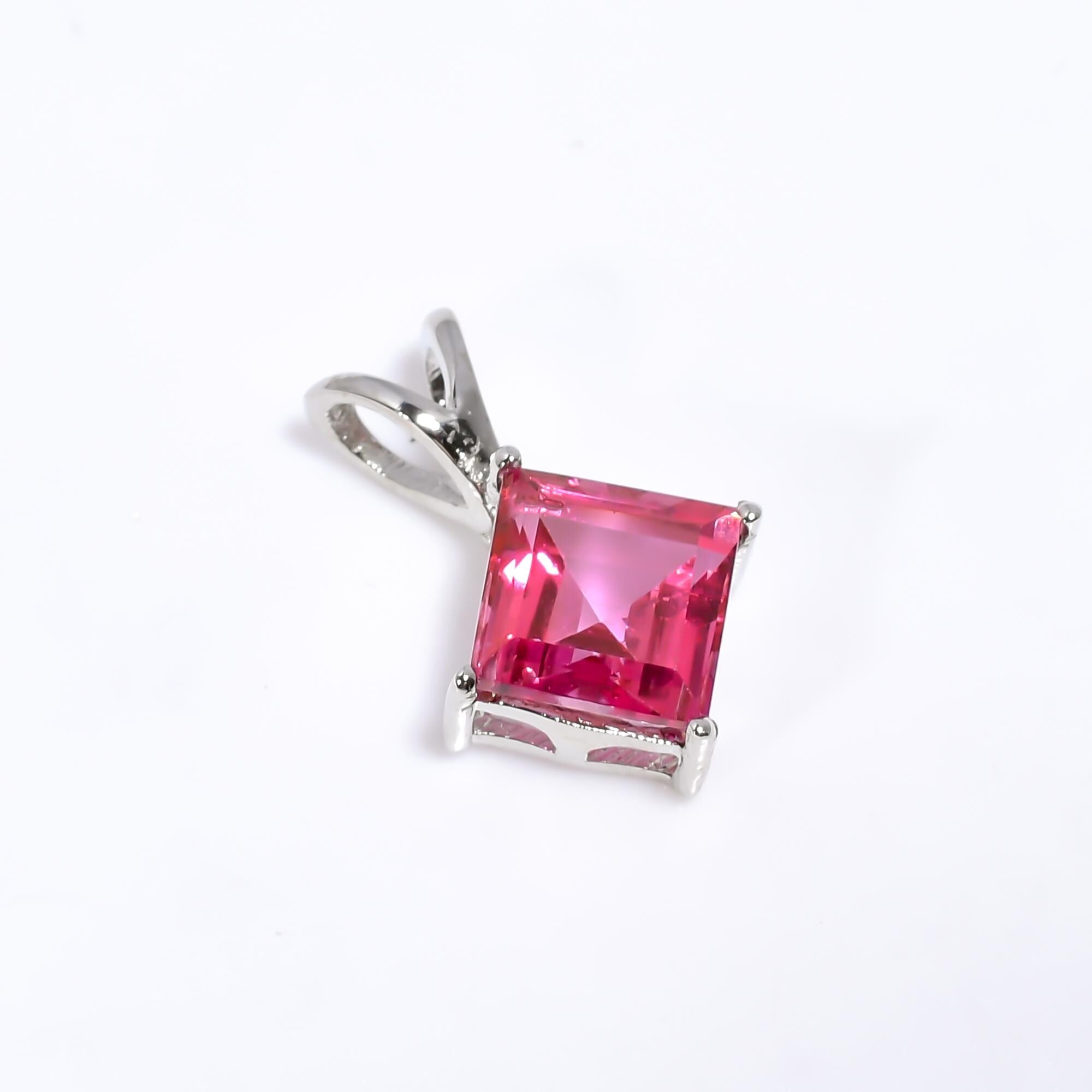 Handmade Pink Topaz Pendant: Square Faceted 925 Silver Jewelry