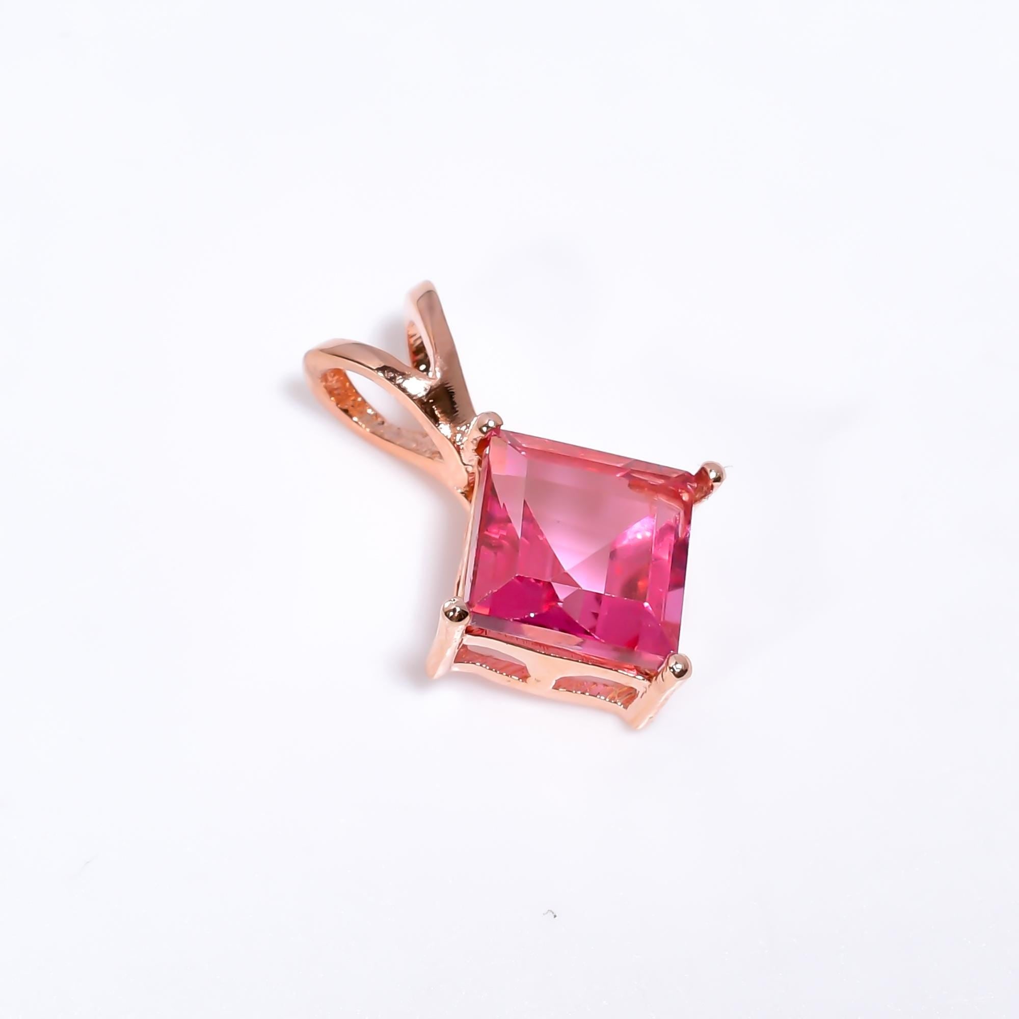 Handmade Pink Topaz Pendant: Square Faceted 925 Silver Jewelry
