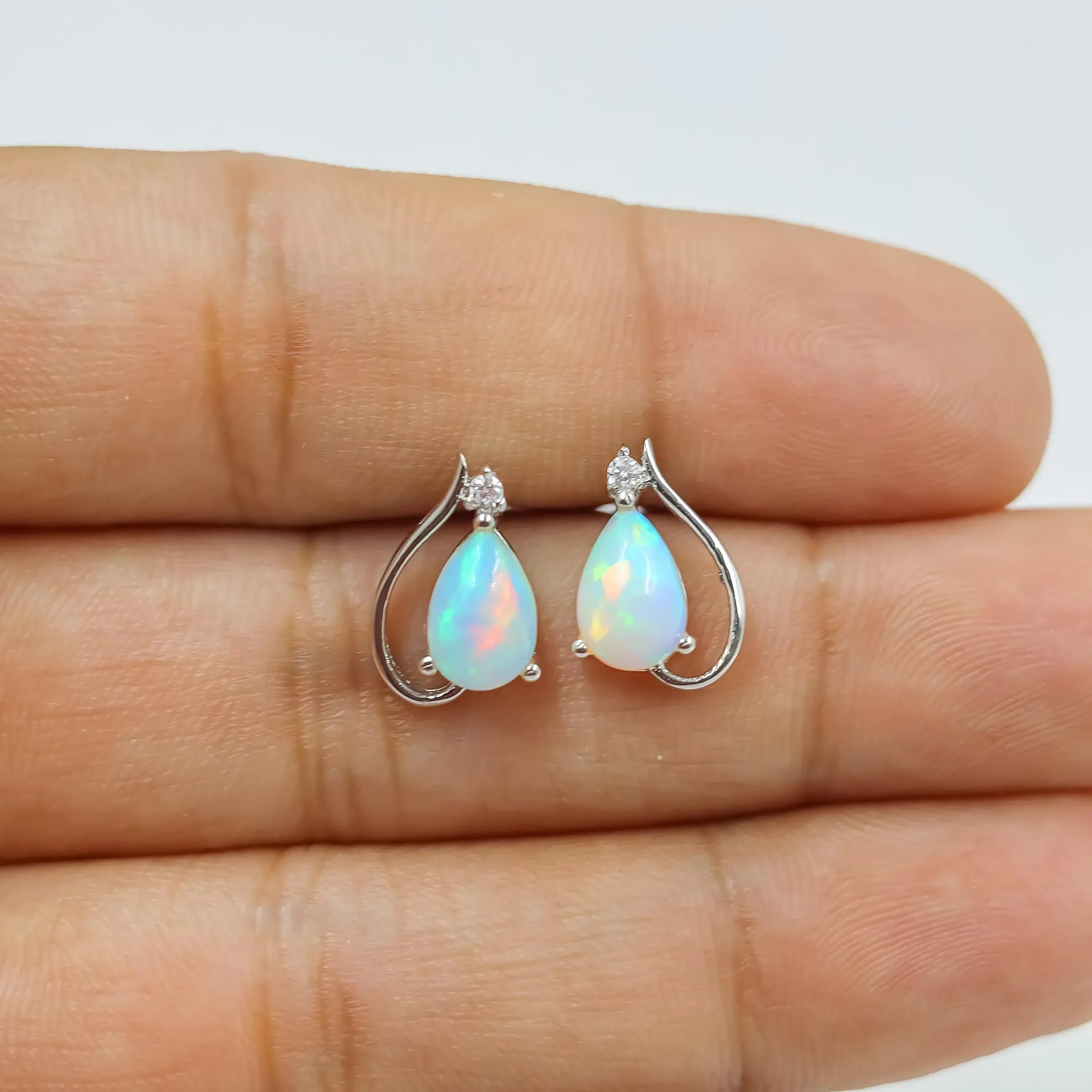Dainty White Fire Opal Stud Earrings: 925 Sterling Silver Minimalist Jewelry