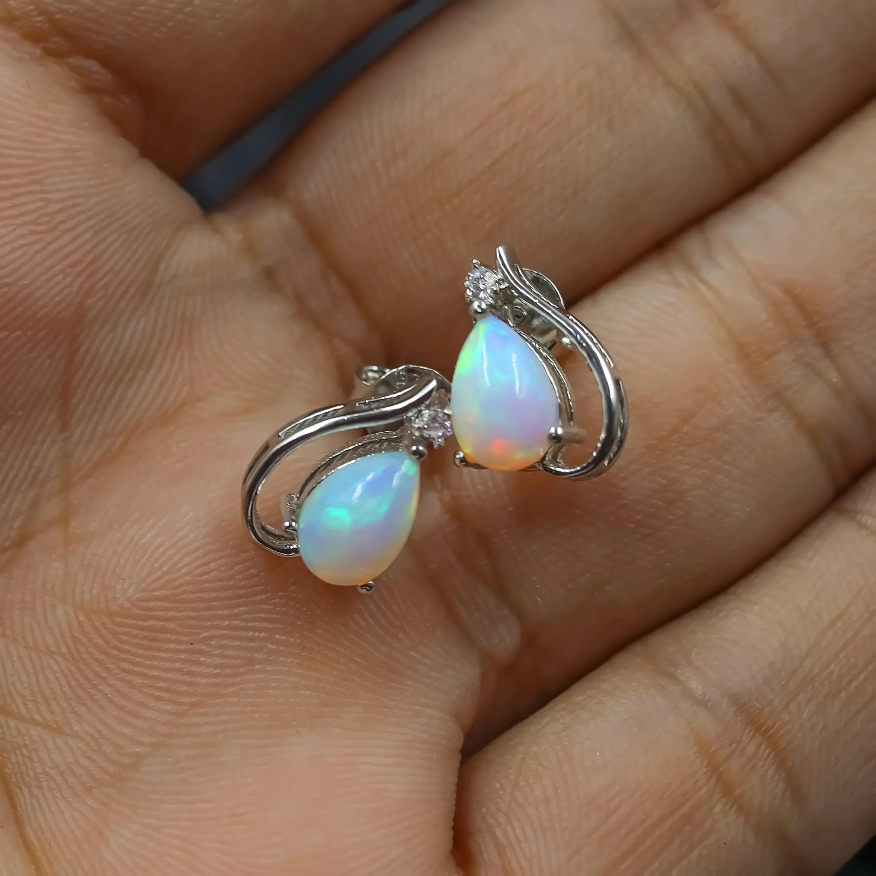 Dainty White Fire Opal Stud Earrings: 925 Sterling Silver Minimalist Jewelry