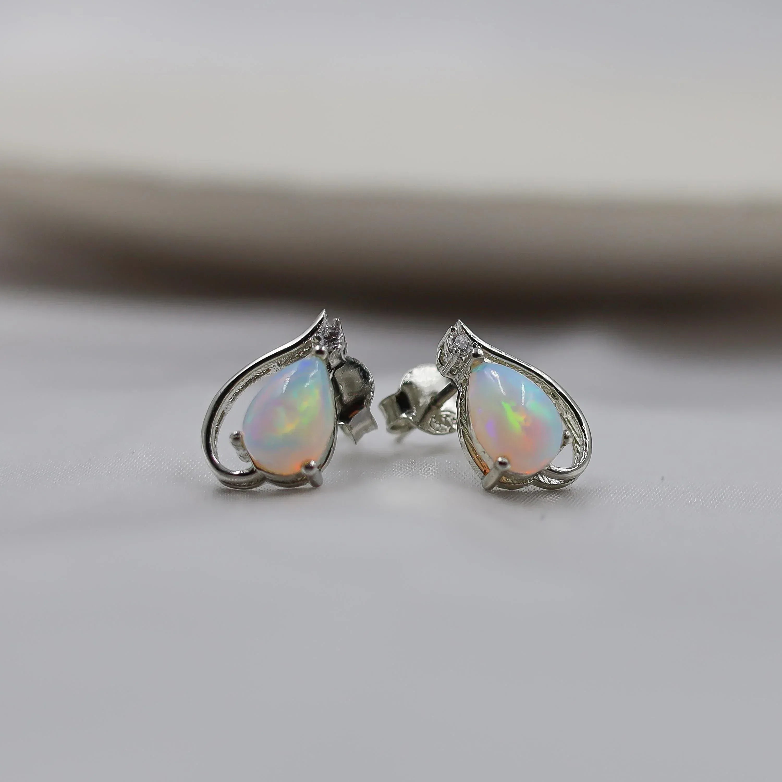 Dainty White Fire Opal Stud Earrings: 925 Sterling Silver Minimalist Jewelry