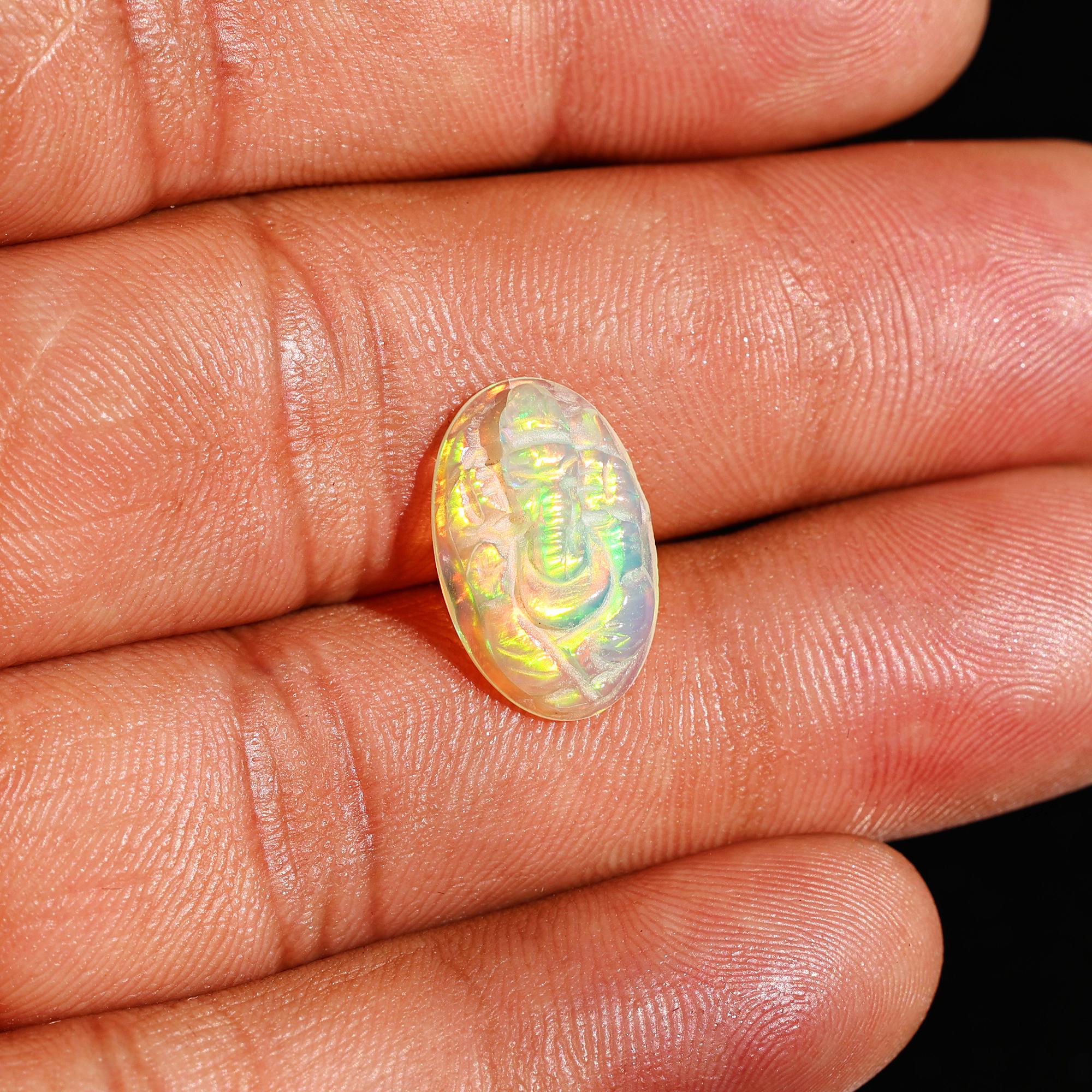 Ethiopian Opal Ganesha Carving: Oval Gemstone Statue (10x16mm)