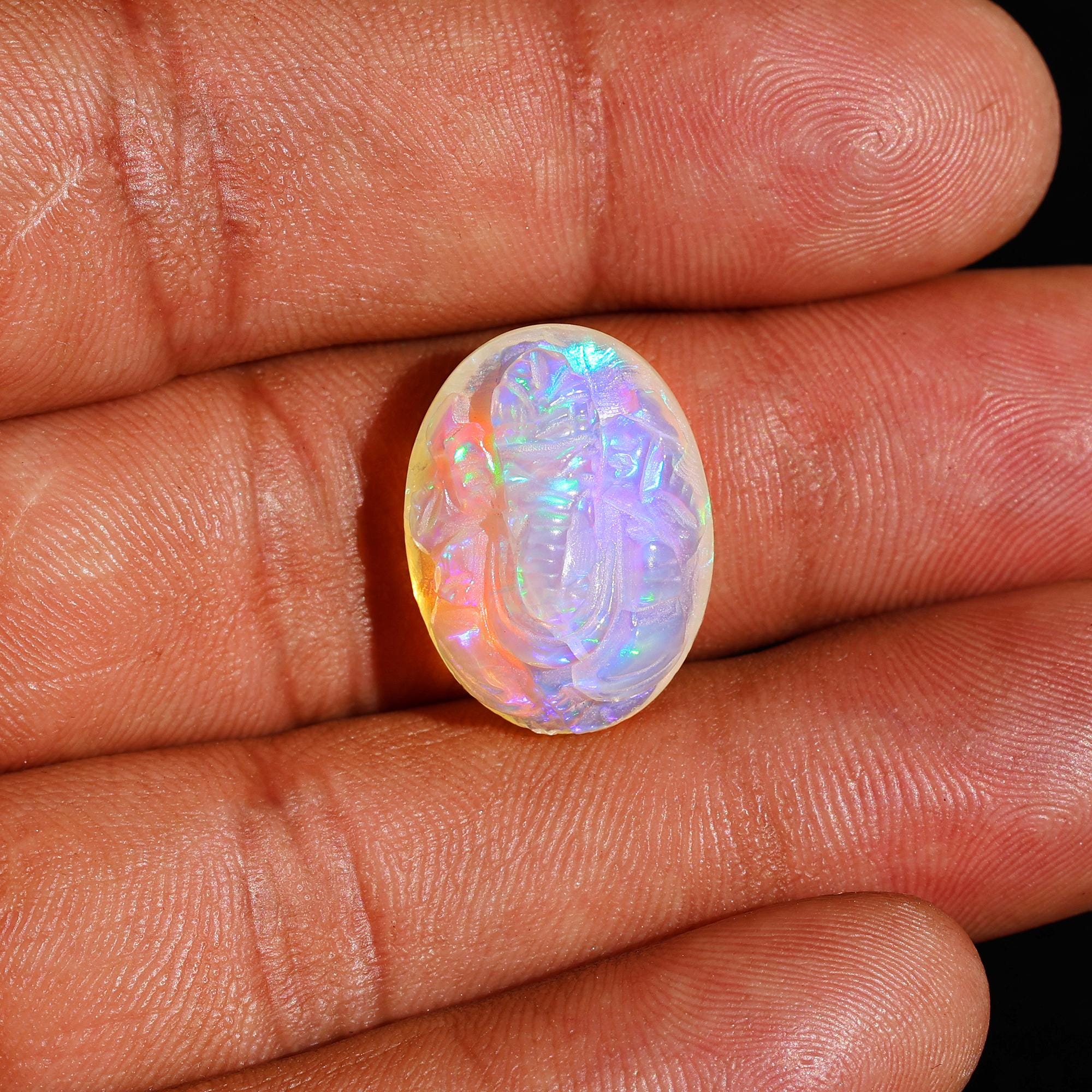 Opal Crystal Ganesha Statue: Hand-Carved Gemstone Idol, Healing Crystal (12.20 Carat)