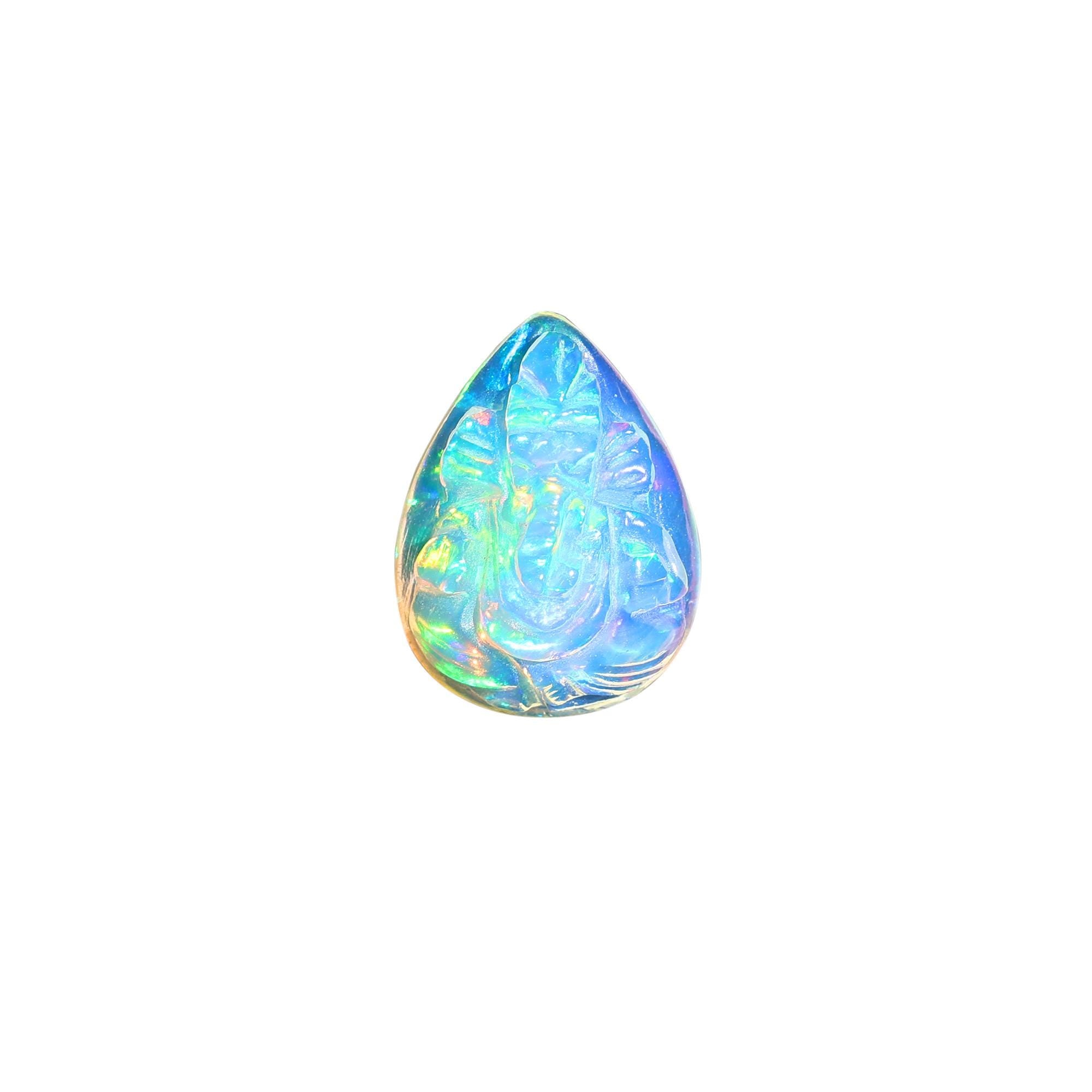 Hand-Carved Ethiopian Opal Ganesha Statue: Pear Shape Crystal Carving (5.60 Carat)