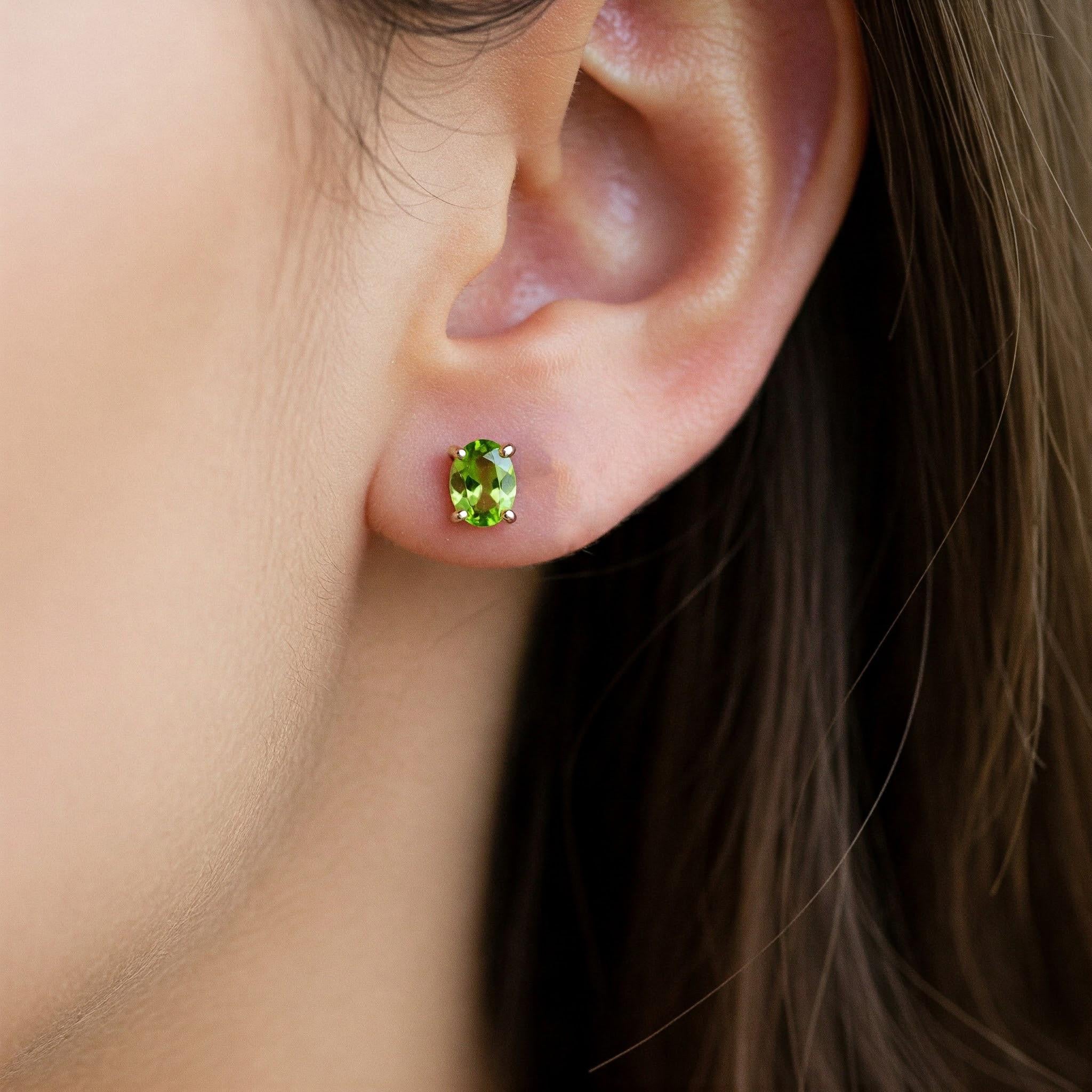 Peridot Sterling Silver Stud Earrings: August Birthstone, Dainty Oval Cut