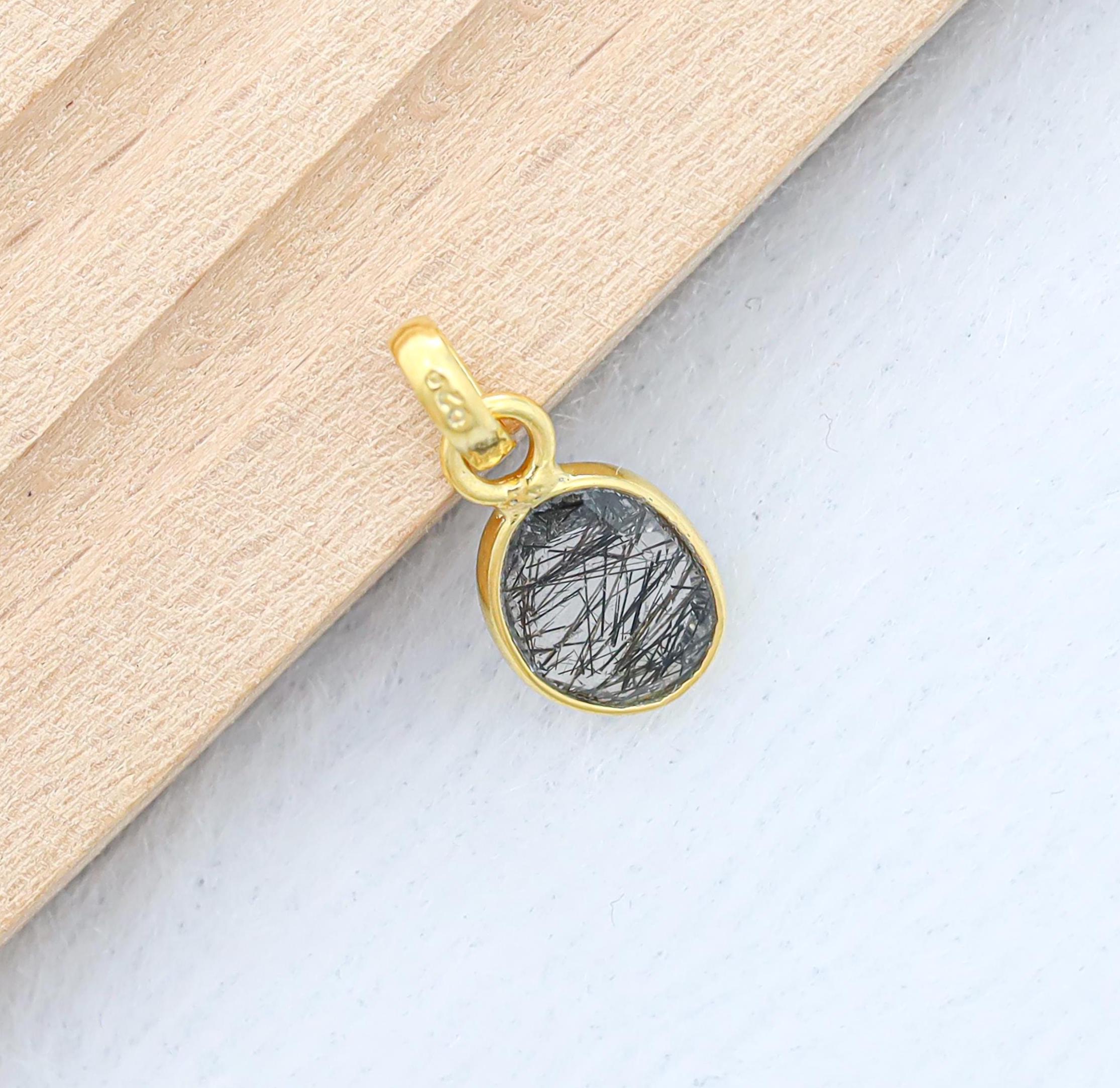 Black Rutile Rose Cut Pendant: Sterling Silver Gemstone Necklace