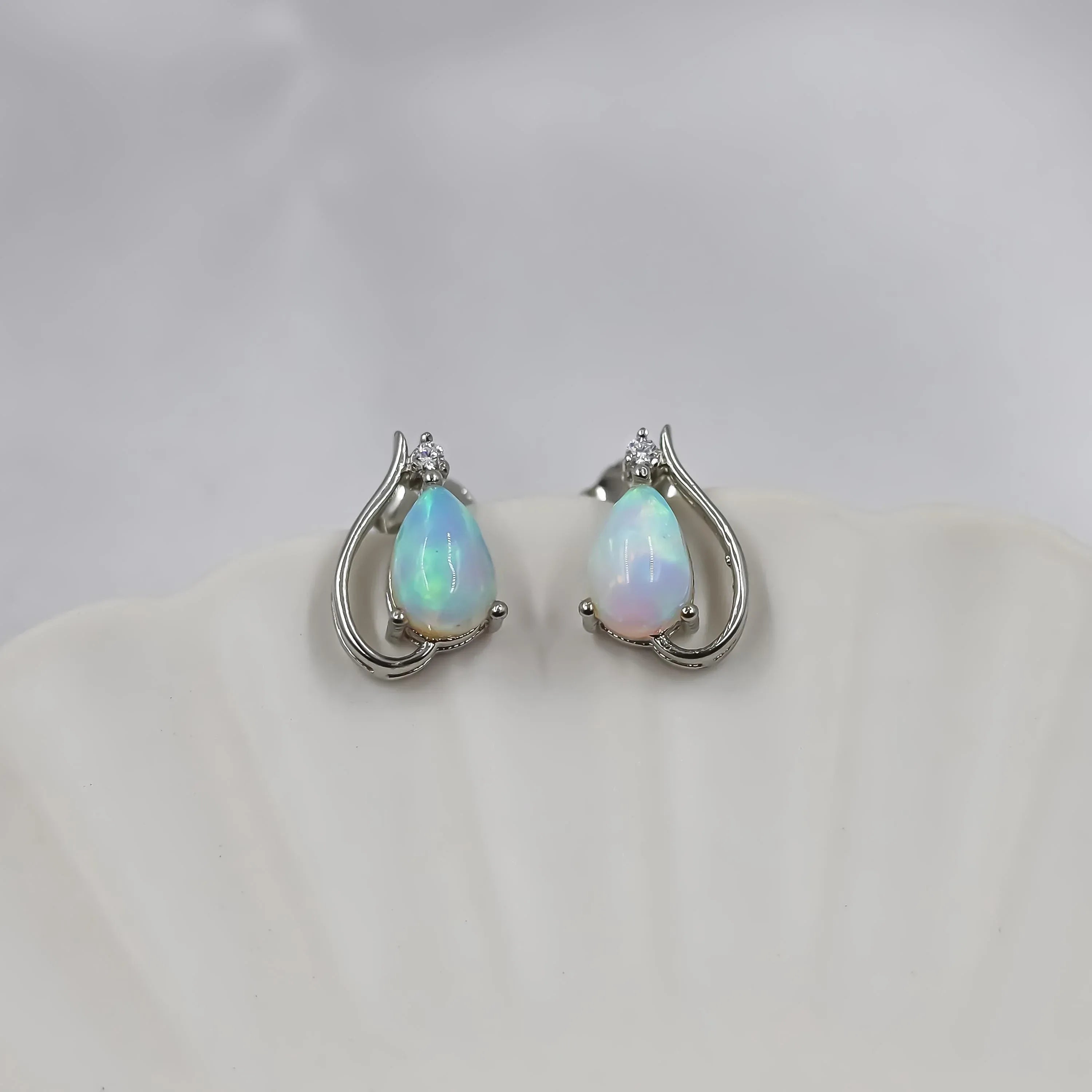 Dainty White Fire Opal Stud Earrings: 925 Sterling Silver Minimalist Jewelry