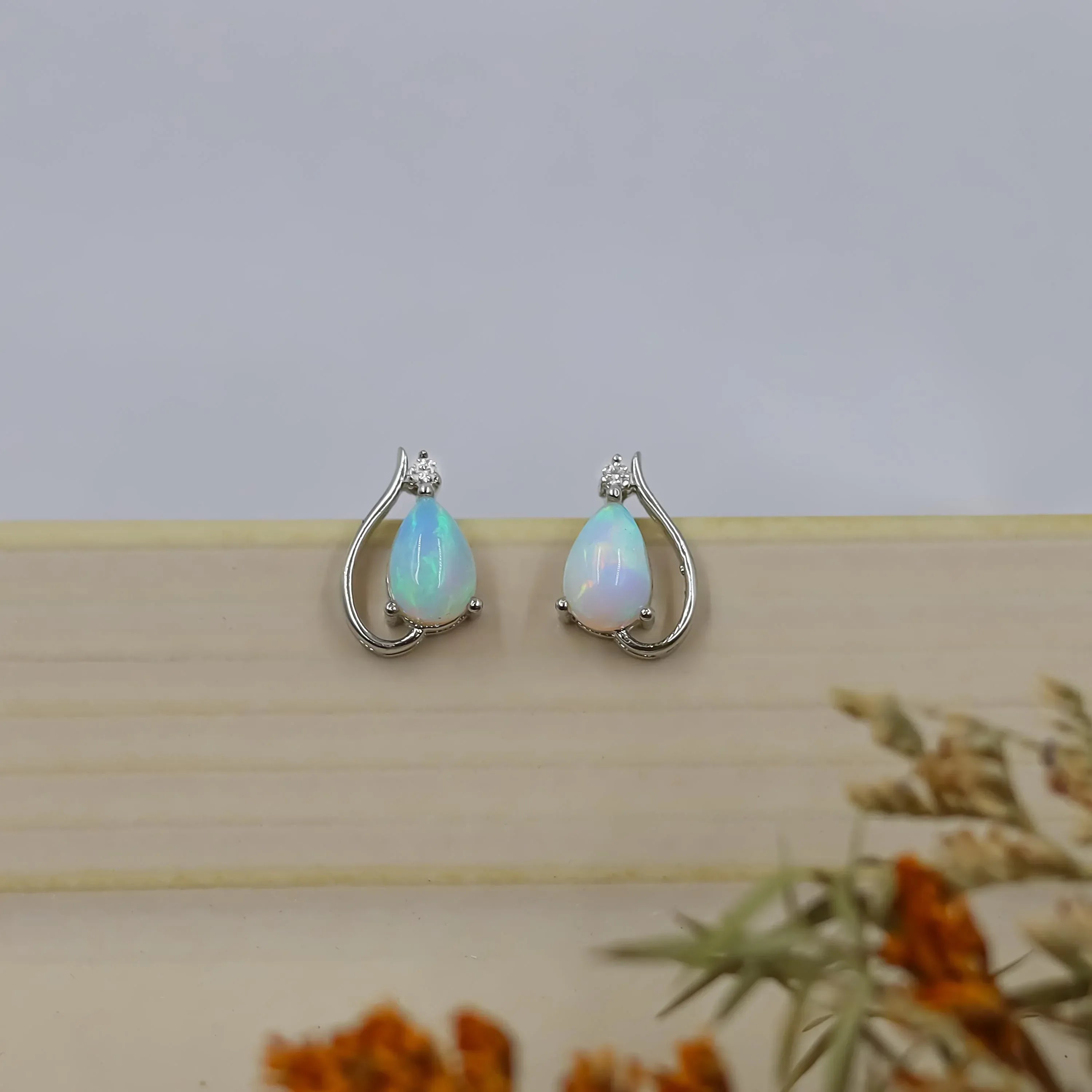Dainty White Fire Opal Stud Earrings: 925 Sterling Silver Minimalist Jewelry