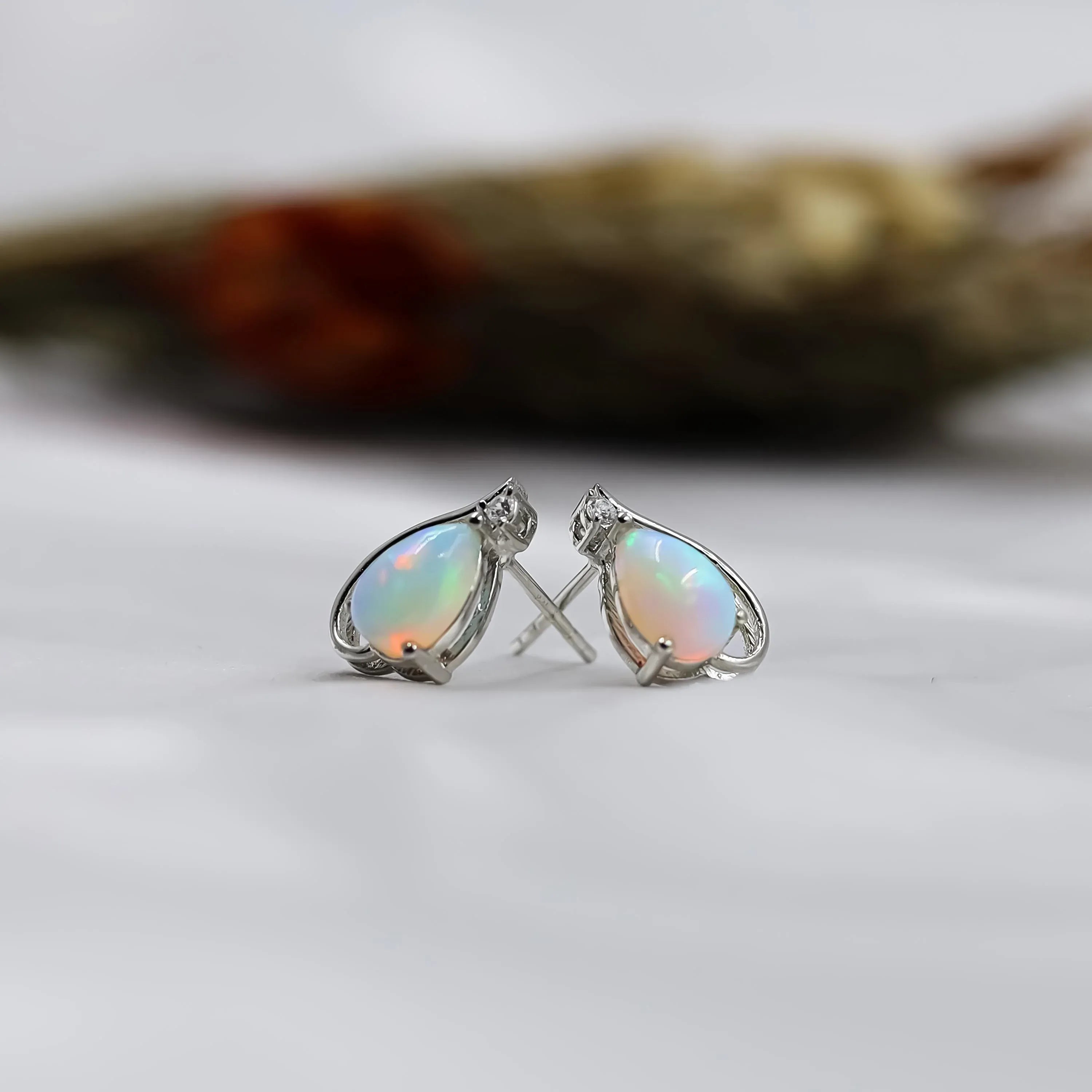 Dainty White Fire Opal Stud Earrings: 925 Sterling Silver Minimalist Jewelry